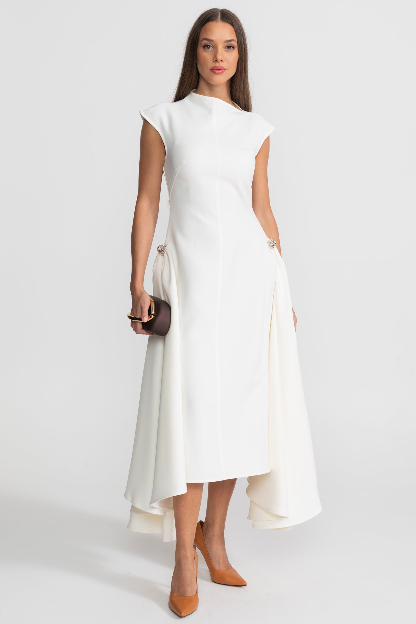 Structured Midi Dress with High-Low Hem and Metal Ring Details - White