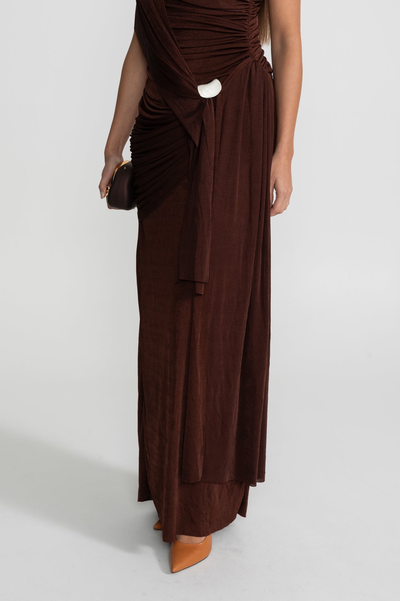 Draped Jersey Maxi Dress with Shoulder Scarf Detail - Brown