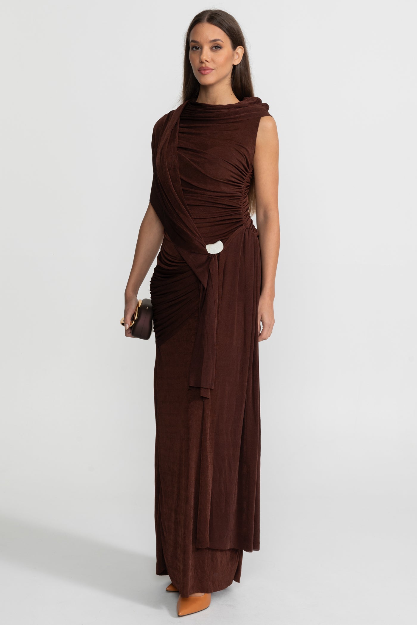 Draped Jersey Maxi Dress with Shoulder Scarf Detail - Brown