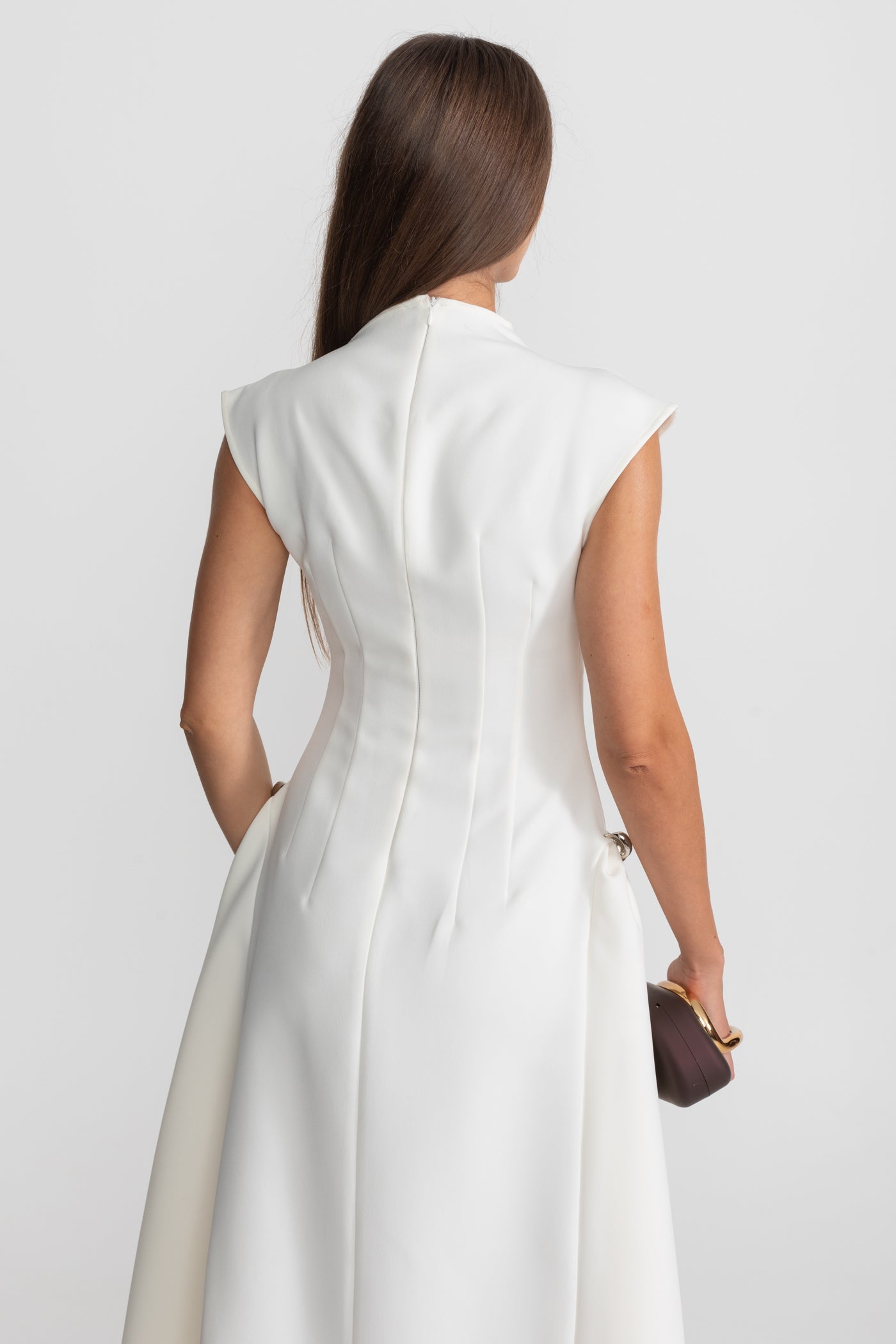 Structured Midi Dress with High-Low Hem and Metal Ring Details - White