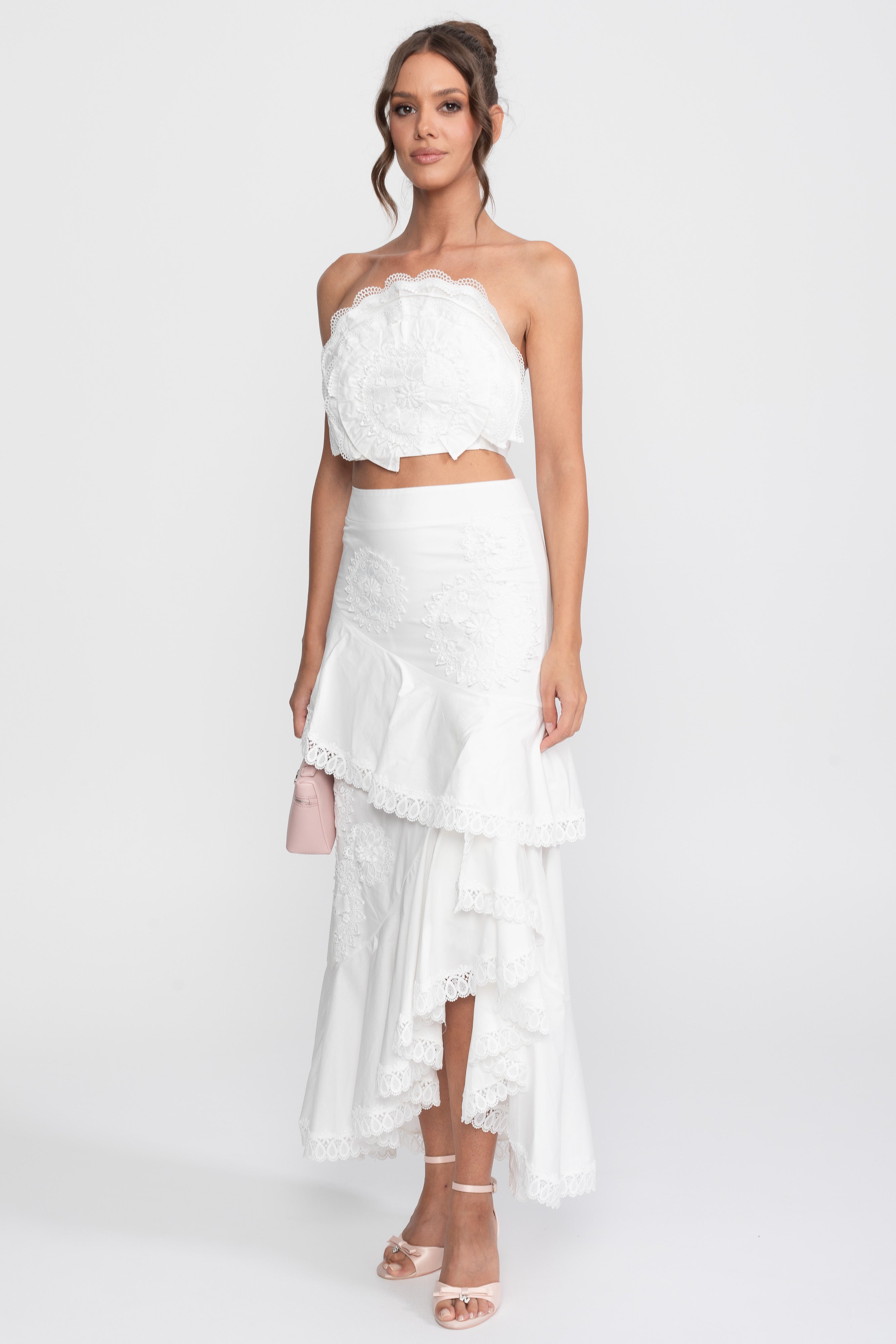 Crochet Medallion Two-Piece Set With Ruffled Maxi Skirt - White