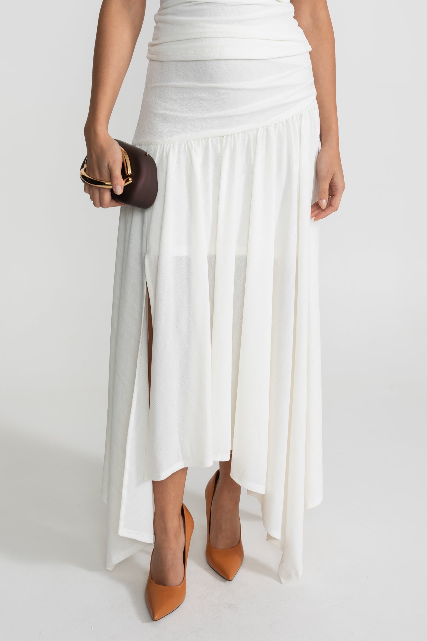 Asymmetric Jersey Dress with Draped Shoulder and Cutout Detail - White