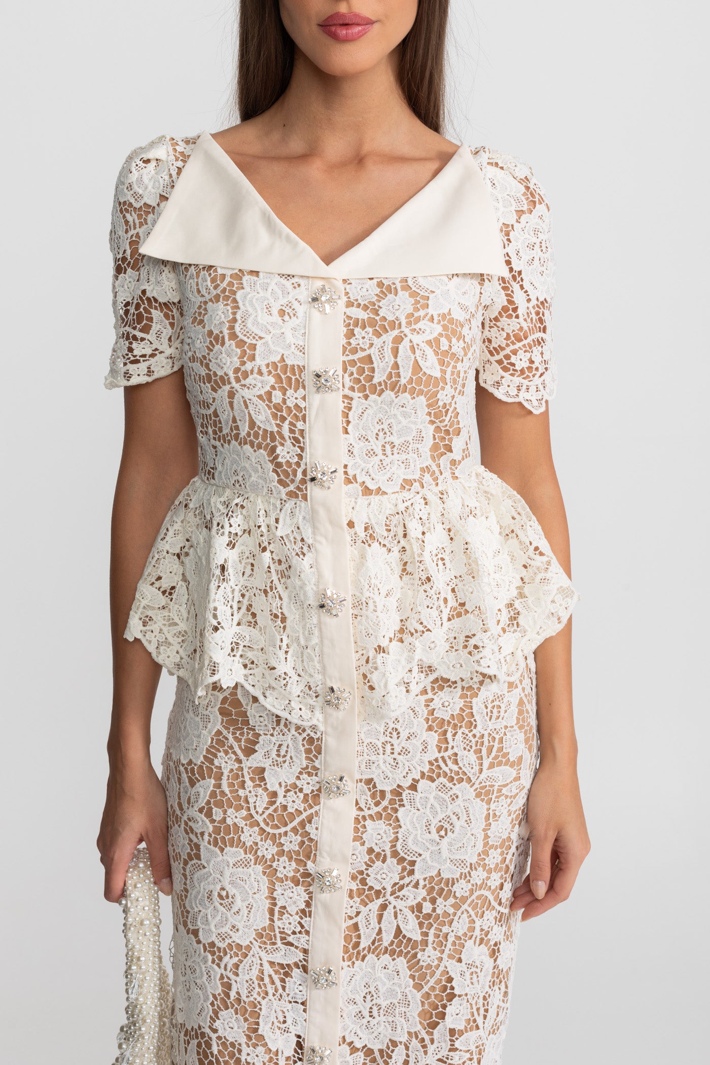 Lace Midi Dress with Peplum Waist and Satin Collar - White