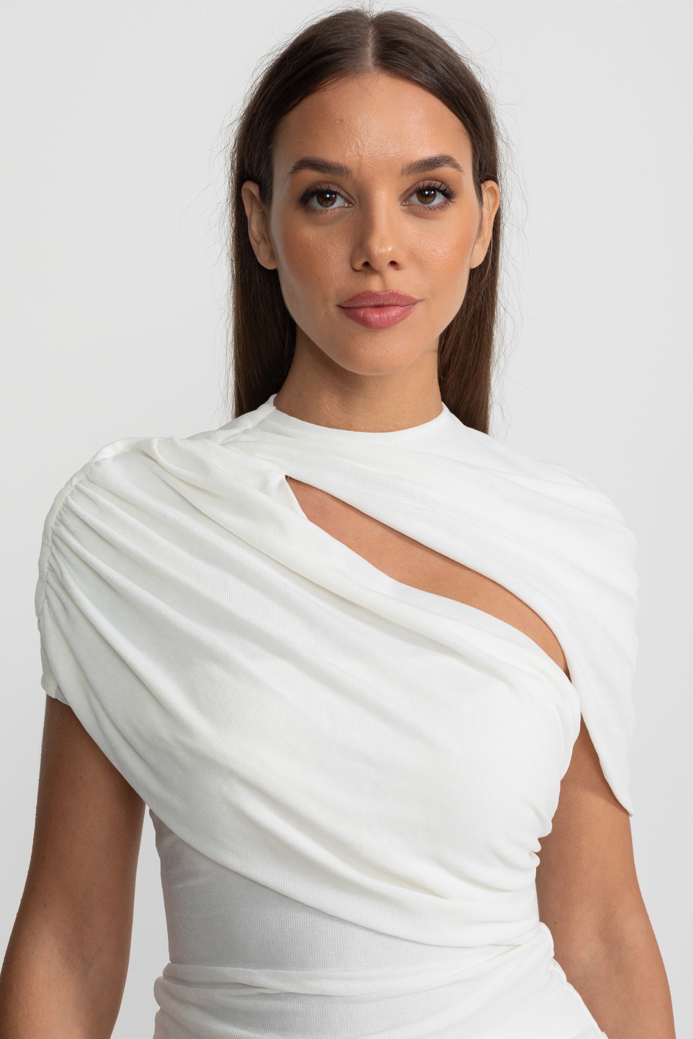 Asymmetric Jersey Dress with Draped Shoulder and Cutout Detail - White