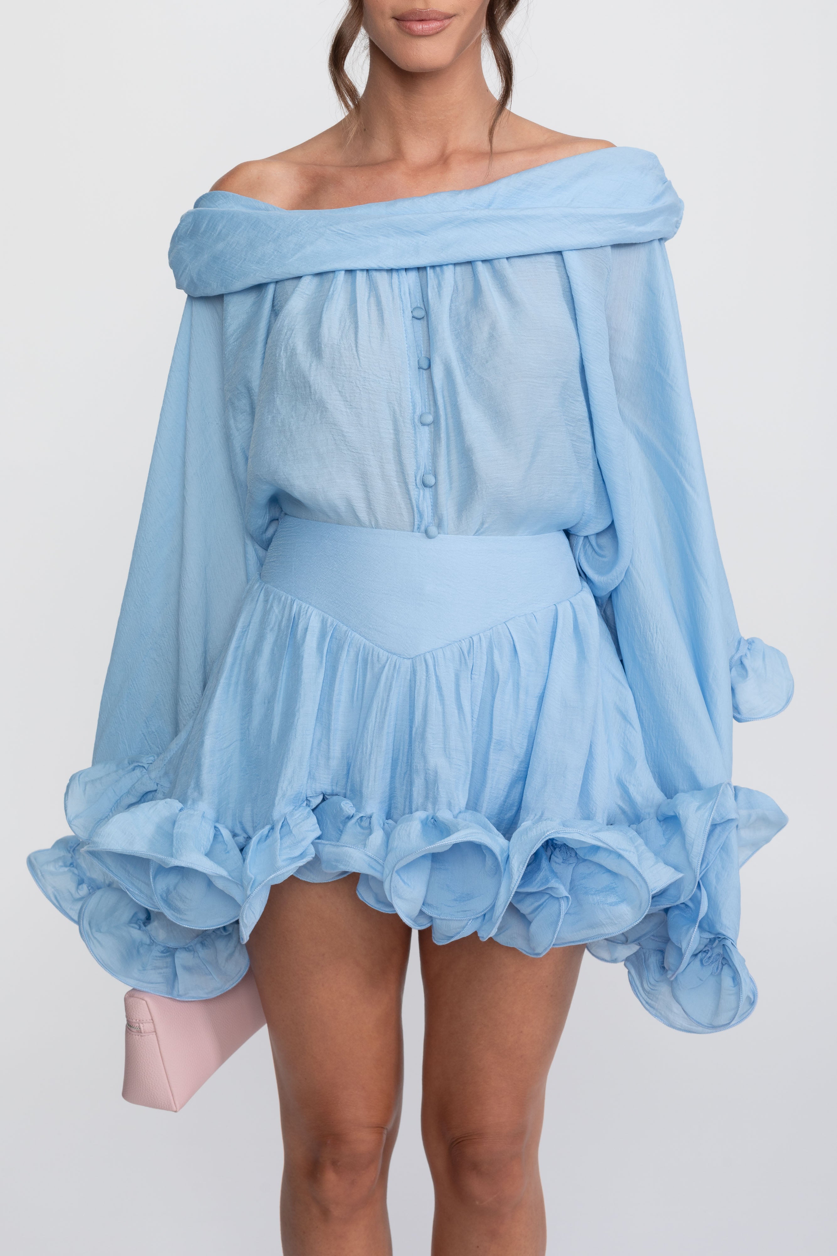 Off-Shoulder Ruffle Hem Mini Dress With Long Sleeves - Light Blue