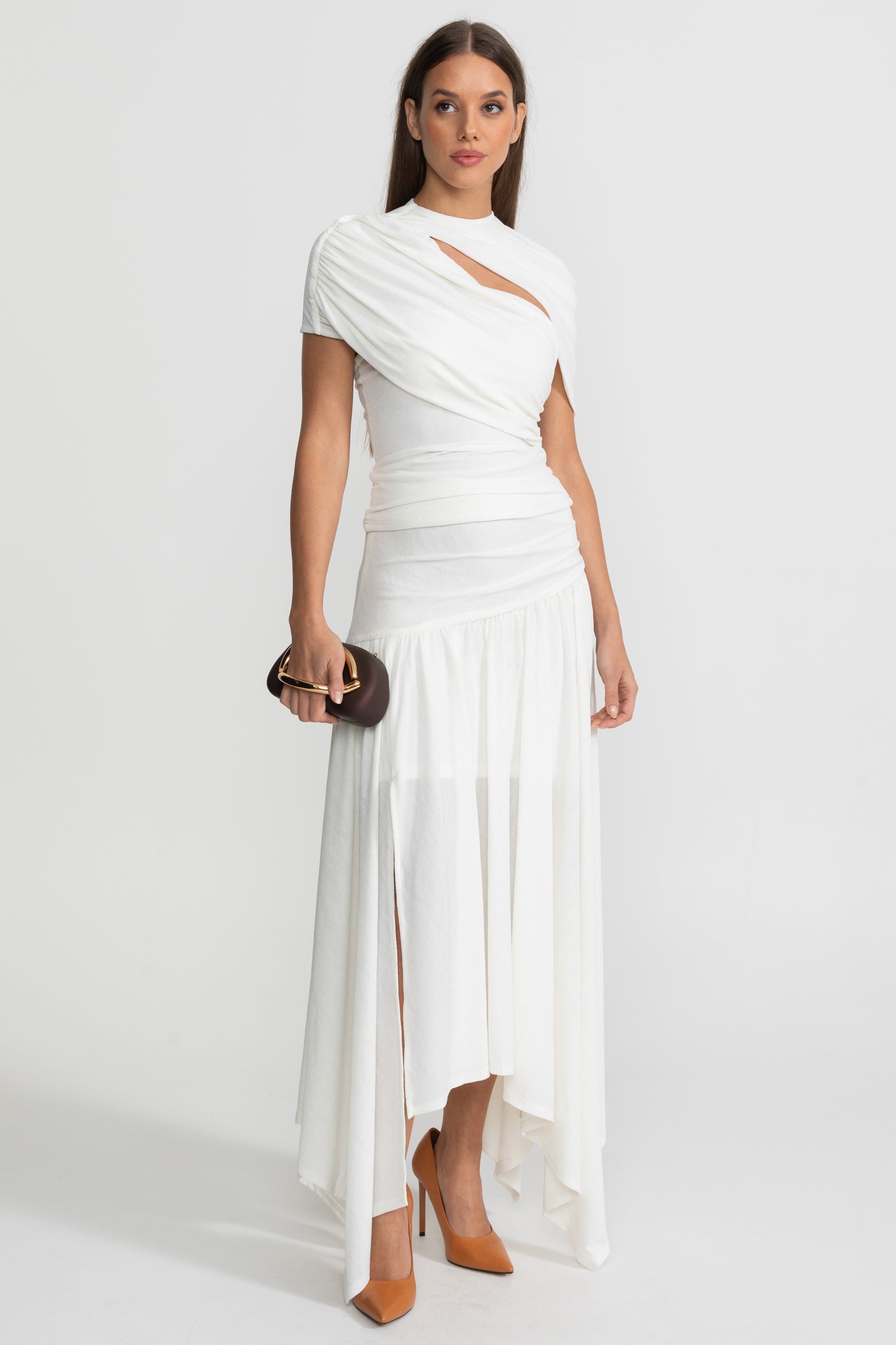 Asymmetric Jersey Dress with Draped Shoulder and Cutout Detail - White