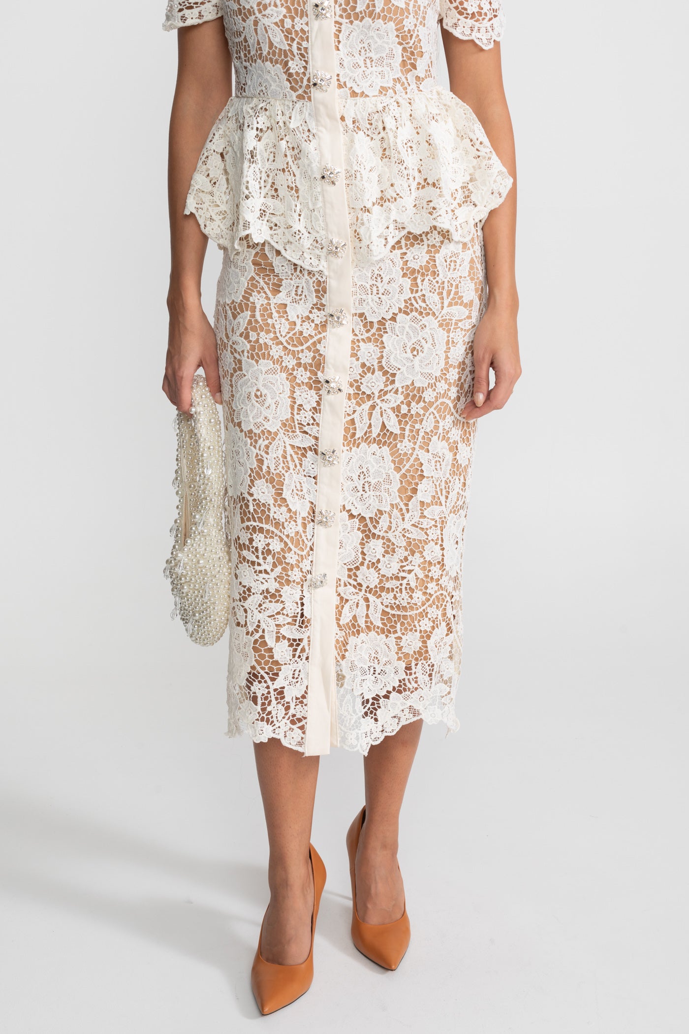Lace Midi Dress with Peplum Waist and Satin Collar - White
