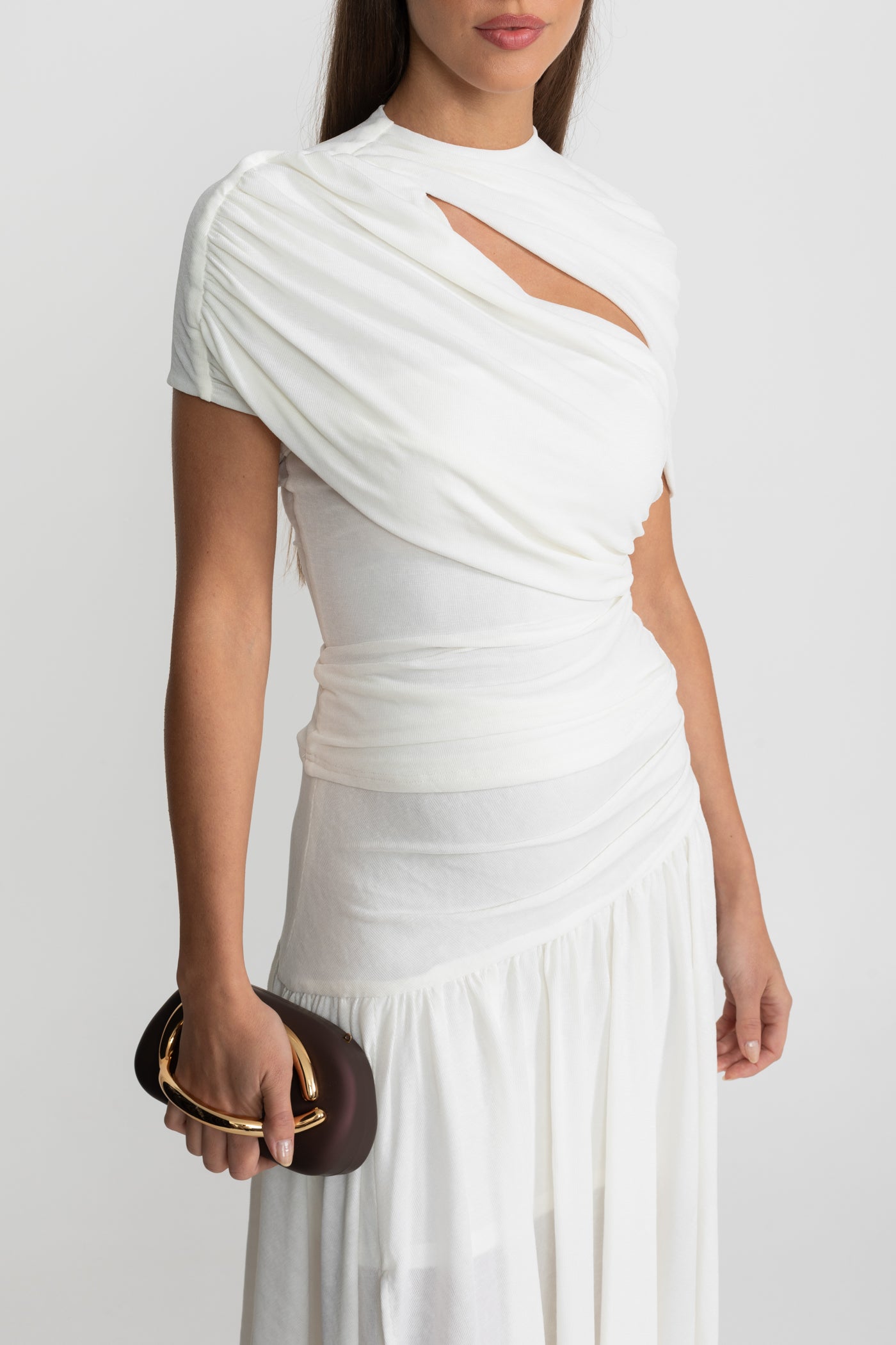 Asymmetric Jersey Dress with Draped Shoulder and Cutout Detail - White
