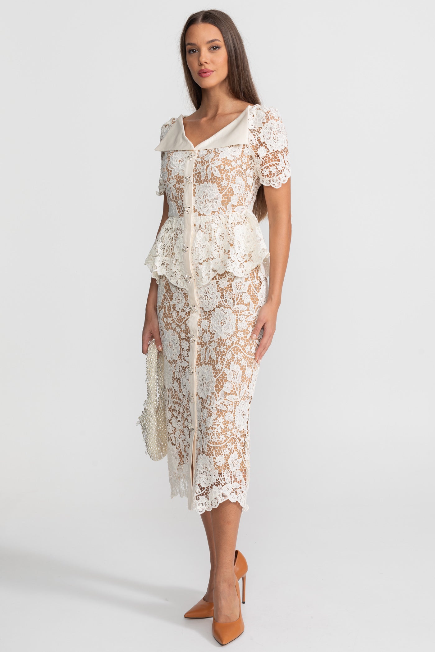 Lace Midi Dress with Peplum Waist and Satin Collar - White