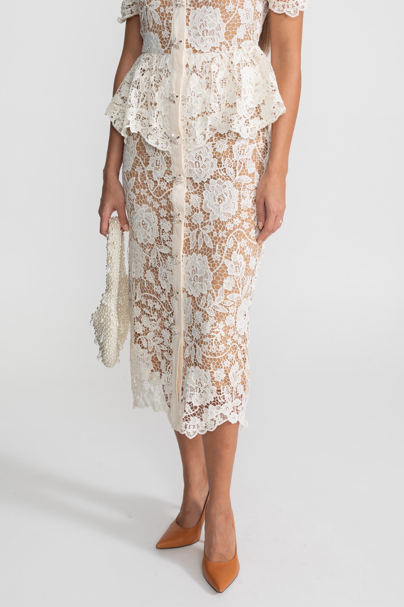 Lace Midi Dress with Peplum Waist and Satin Collar - White