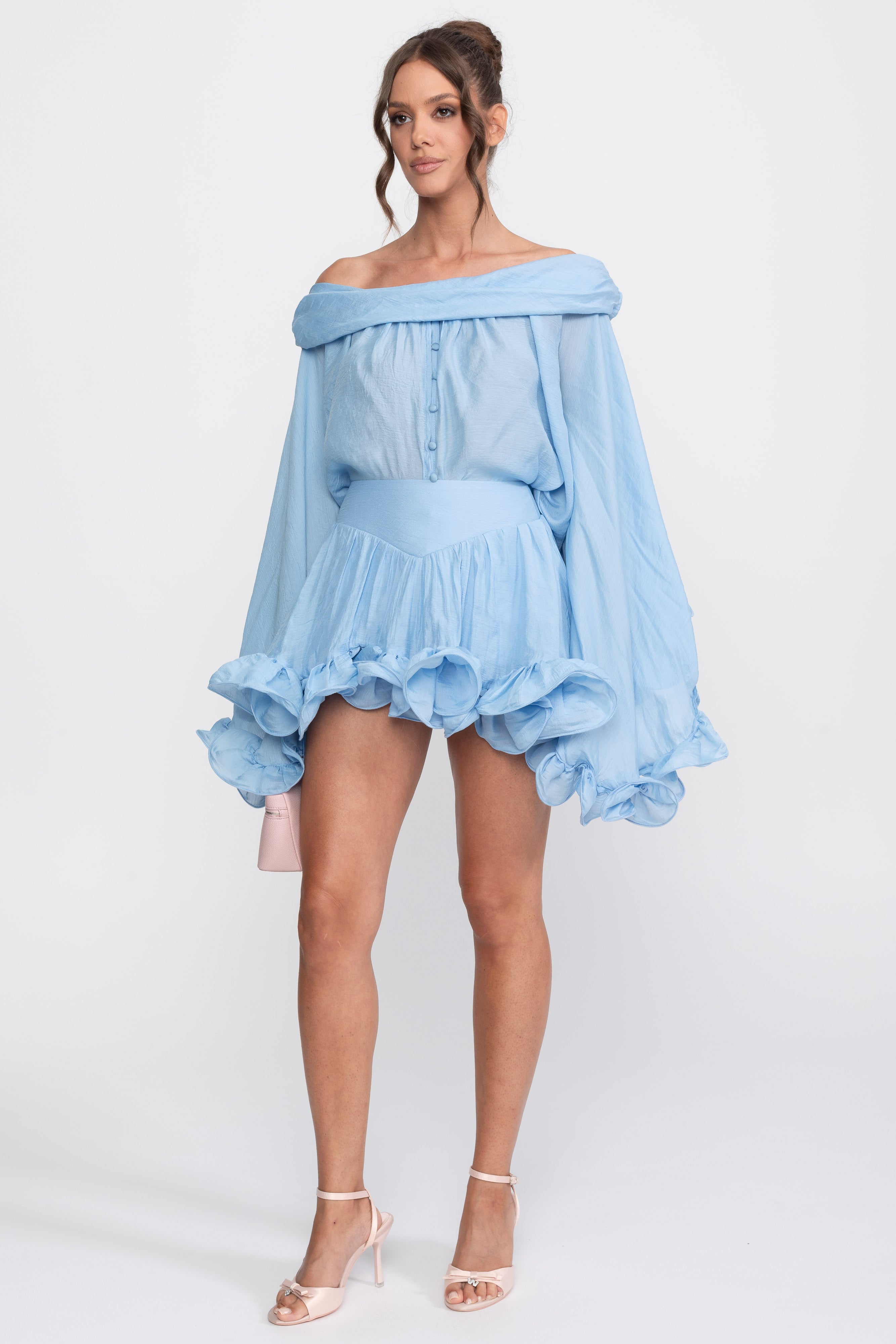 Off-Shoulder Ruffle Hem Mini Dress With Long Sleeves - Light Blue