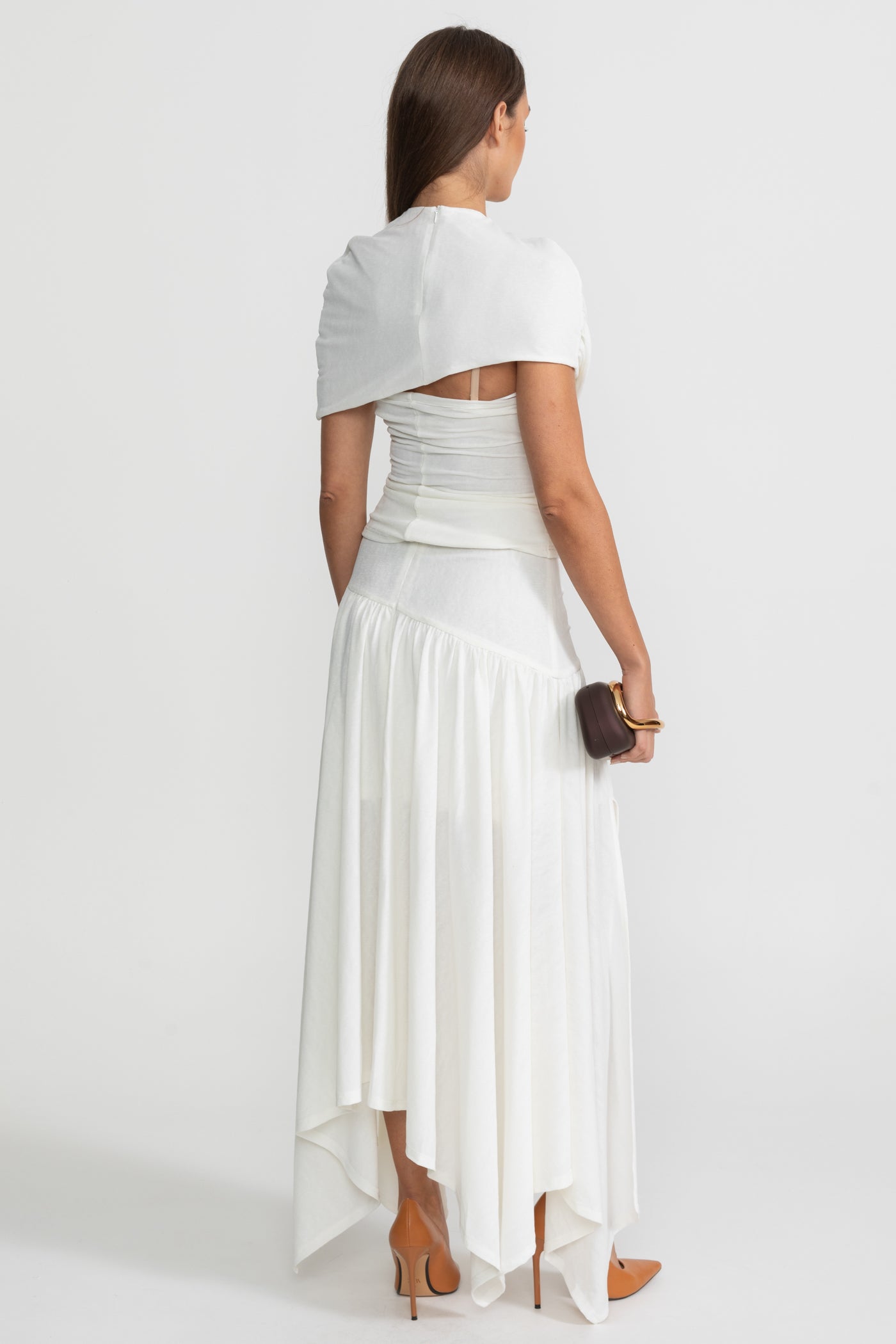 Asymmetric Jersey Dress with Draped Shoulder and Cutout Detail - White