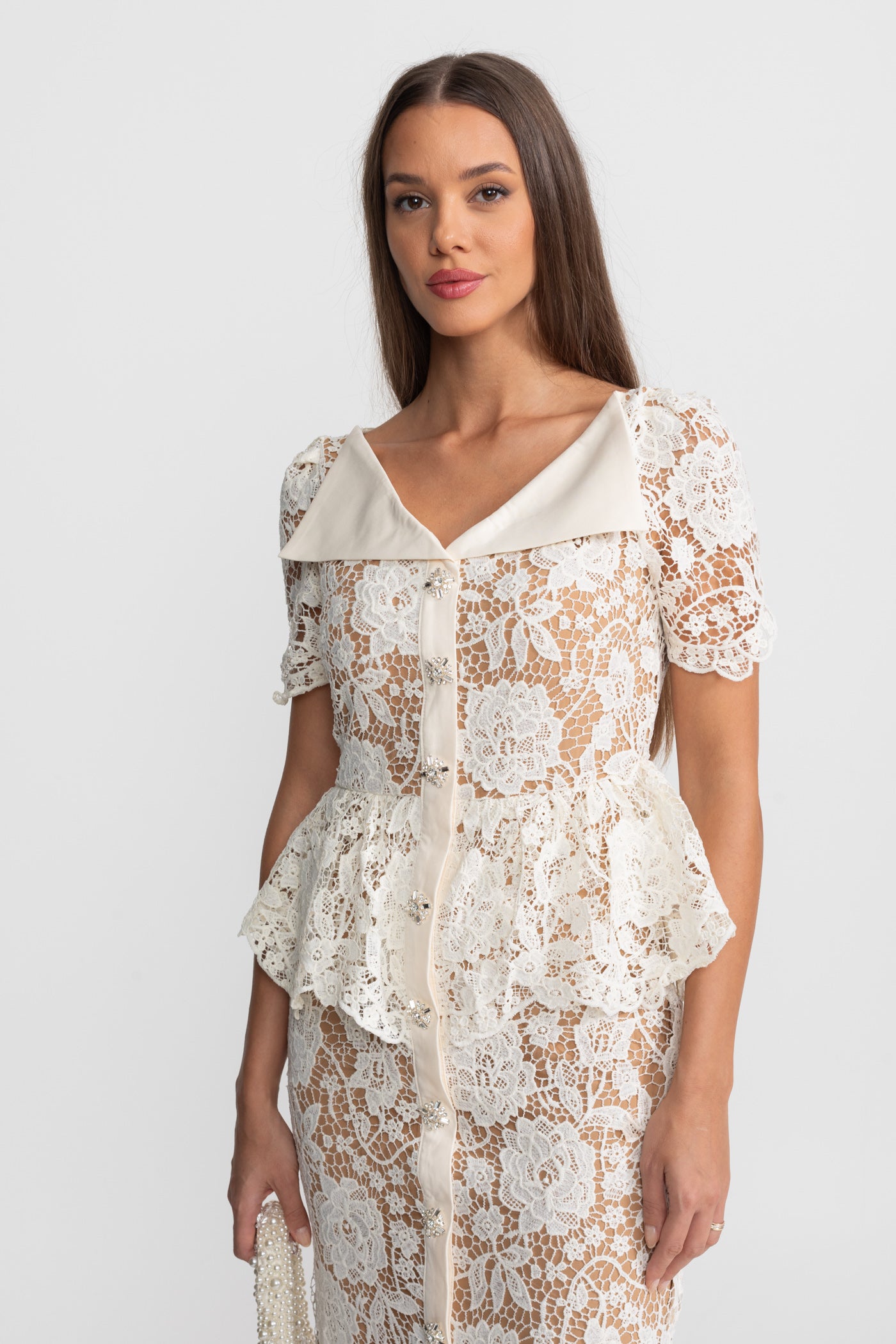 Lace Midi Dress with Peplum Waist and Satin Collar - White