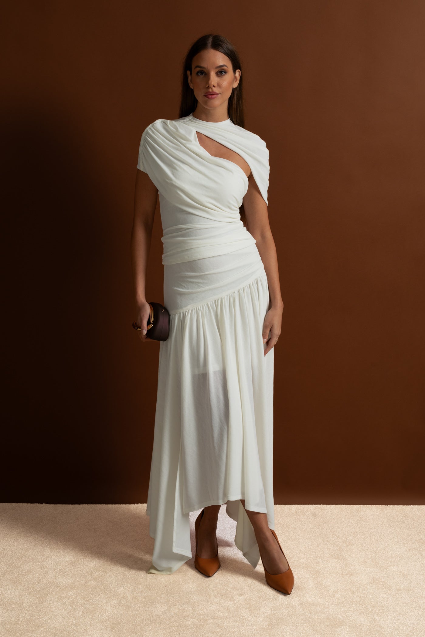 Asymmetric Jersey Dress with Draped Shoulder and Cutout Detail - White