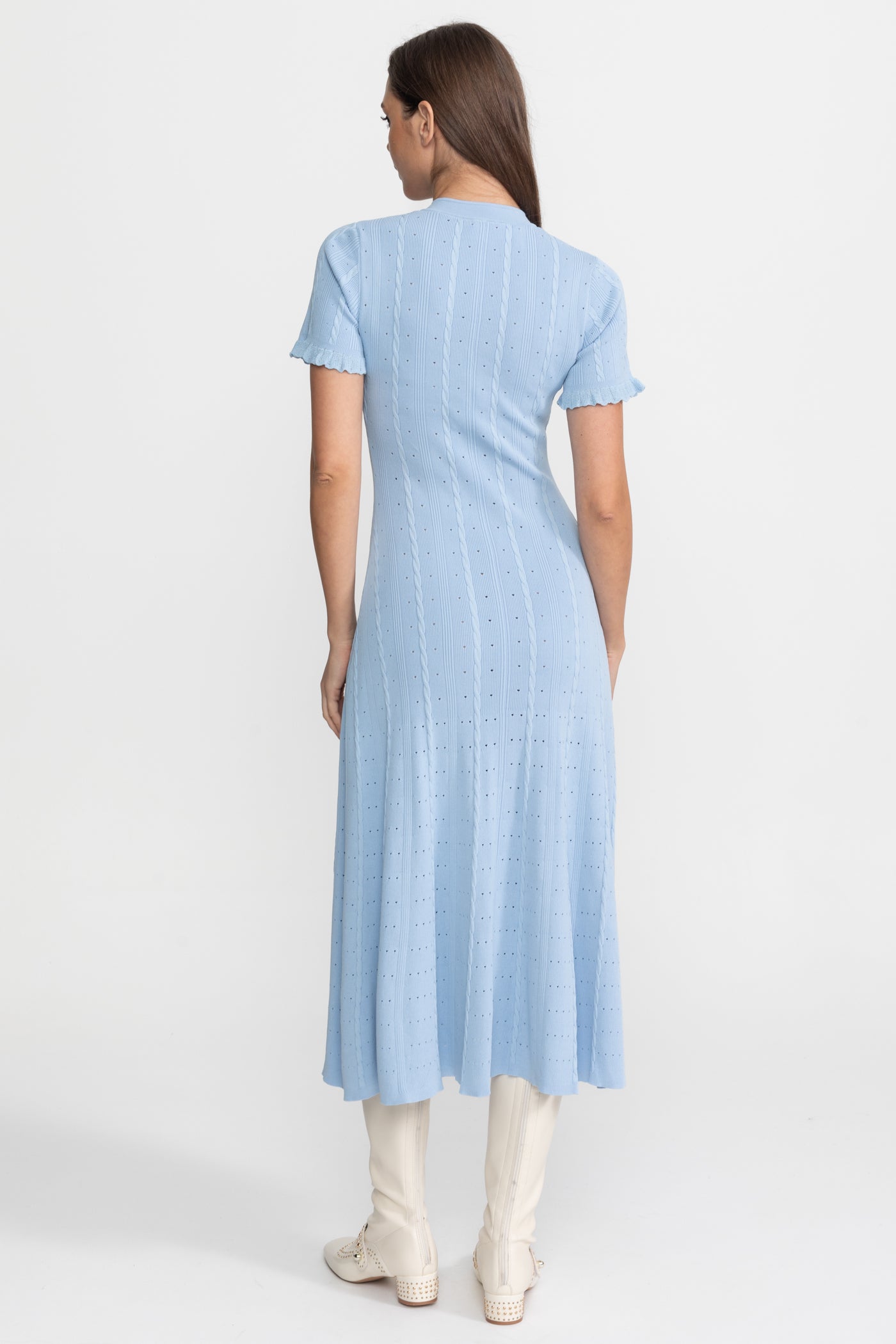 Knit Button-Front Midi Dress with Scalloped Sleeves – Baby Blue