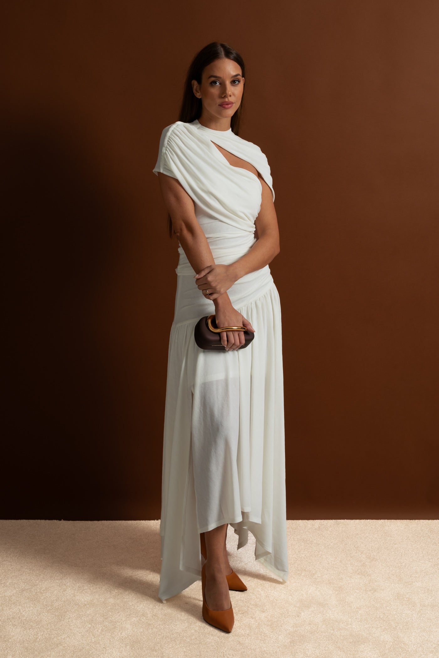 Asymmetric Jersey Dress with Draped Shoulder and Cutout Detail - White