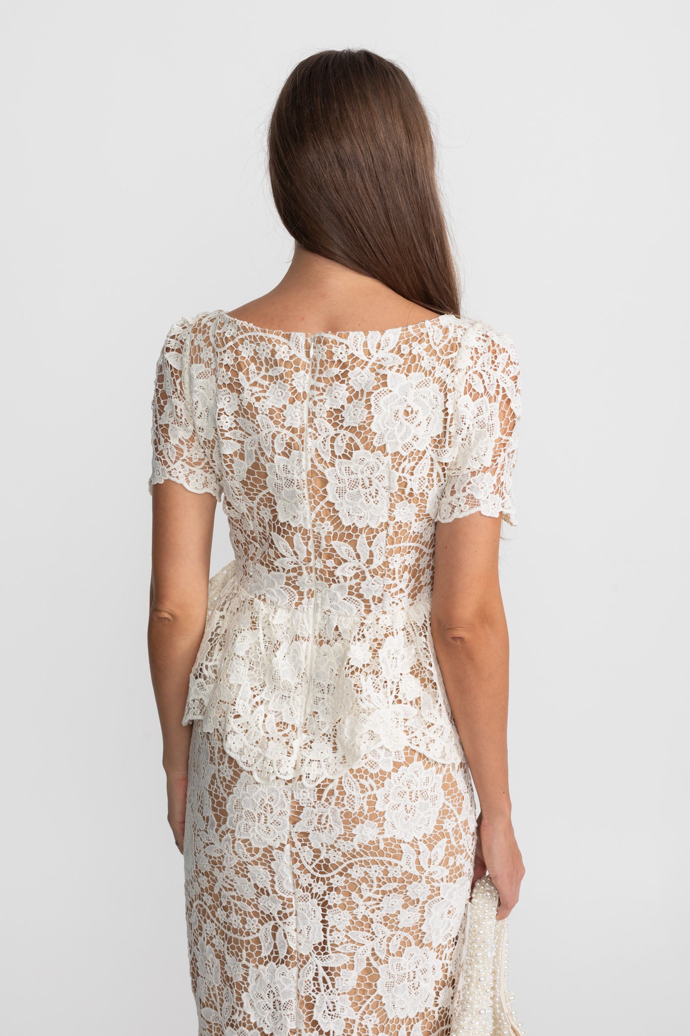 Lace Midi Dress with Peplum Waist and Satin Collar - White