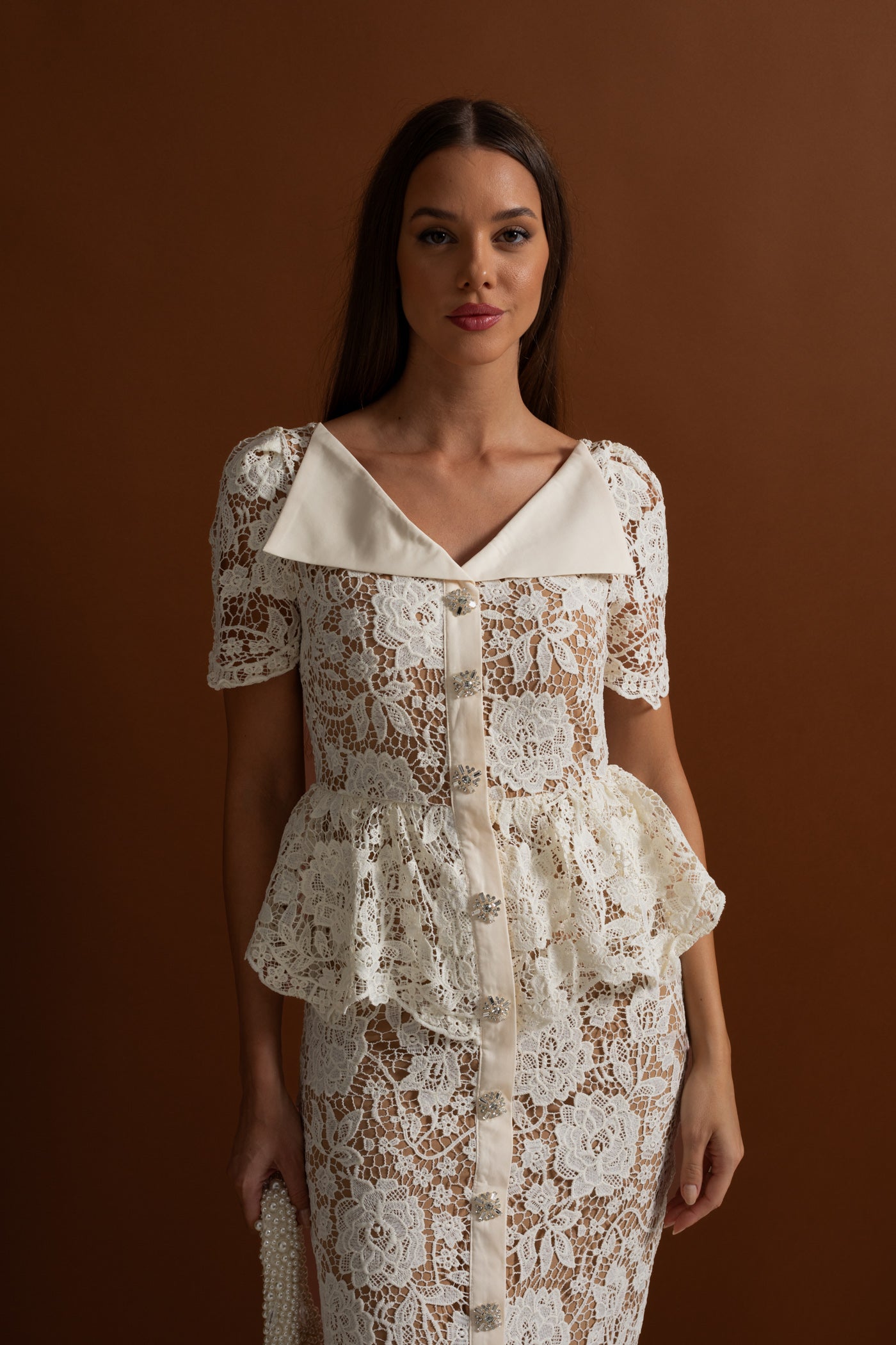 Lace Midi Dress with Peplum Waist and Satin Collar - White