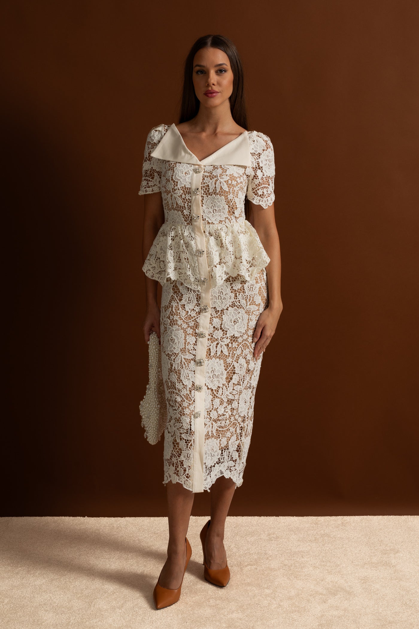 Lace Midi Dress with Peplum Waist and Satin Collar - White