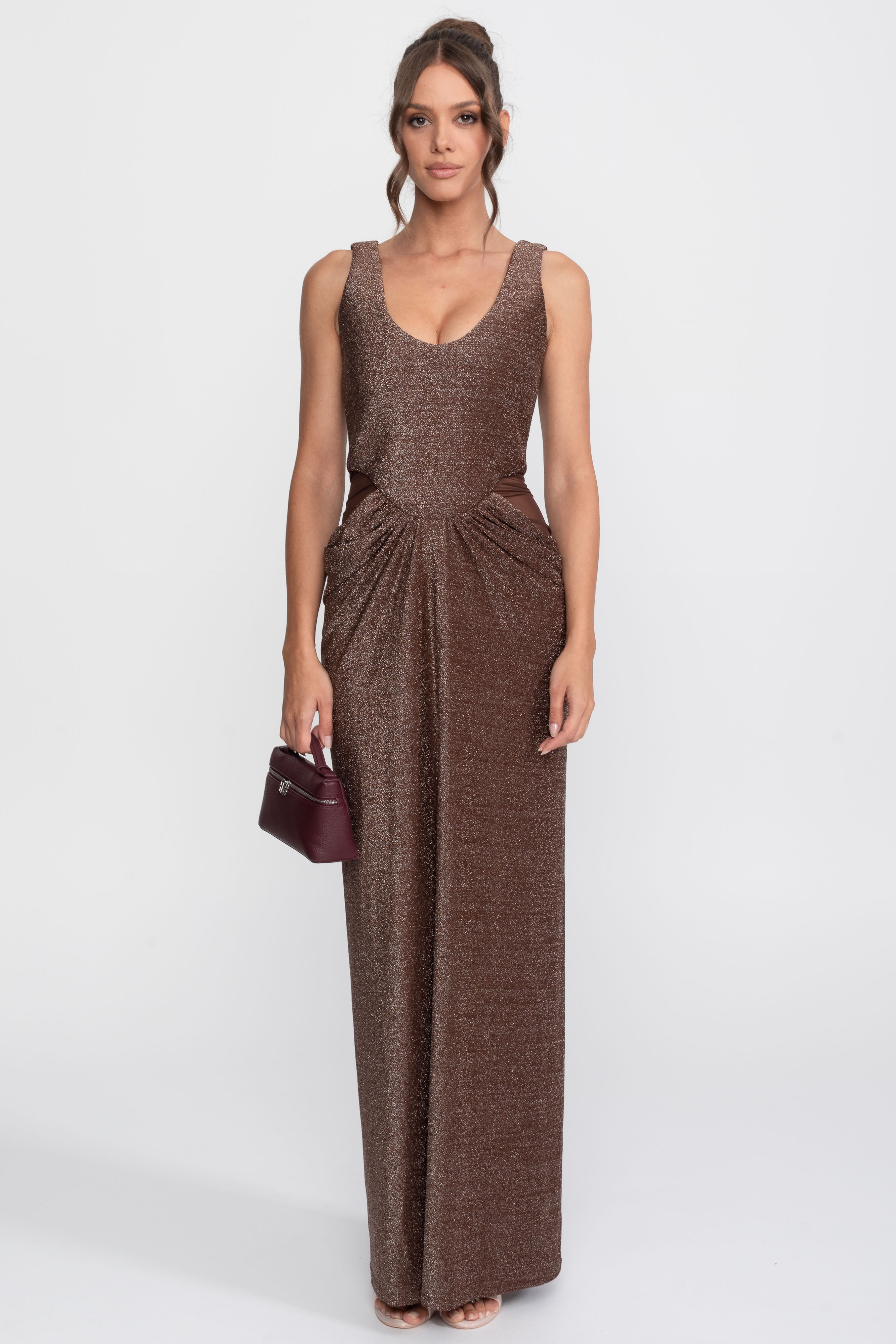 Metallic Knit Cutout Column Gown With Scoop Neck - Coffee