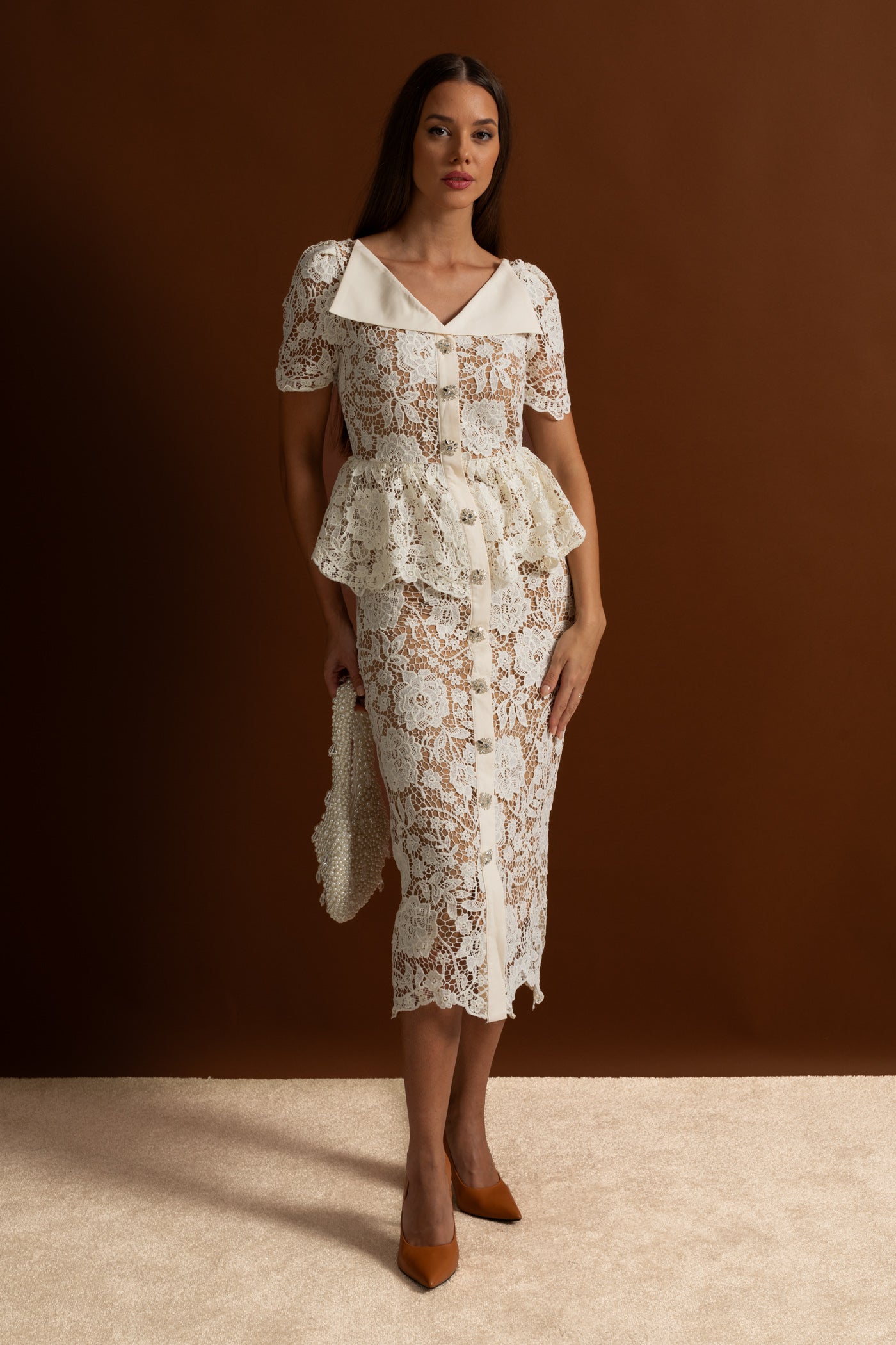 Lace Midi Dress with Peplum Waist and Satin Collar - White