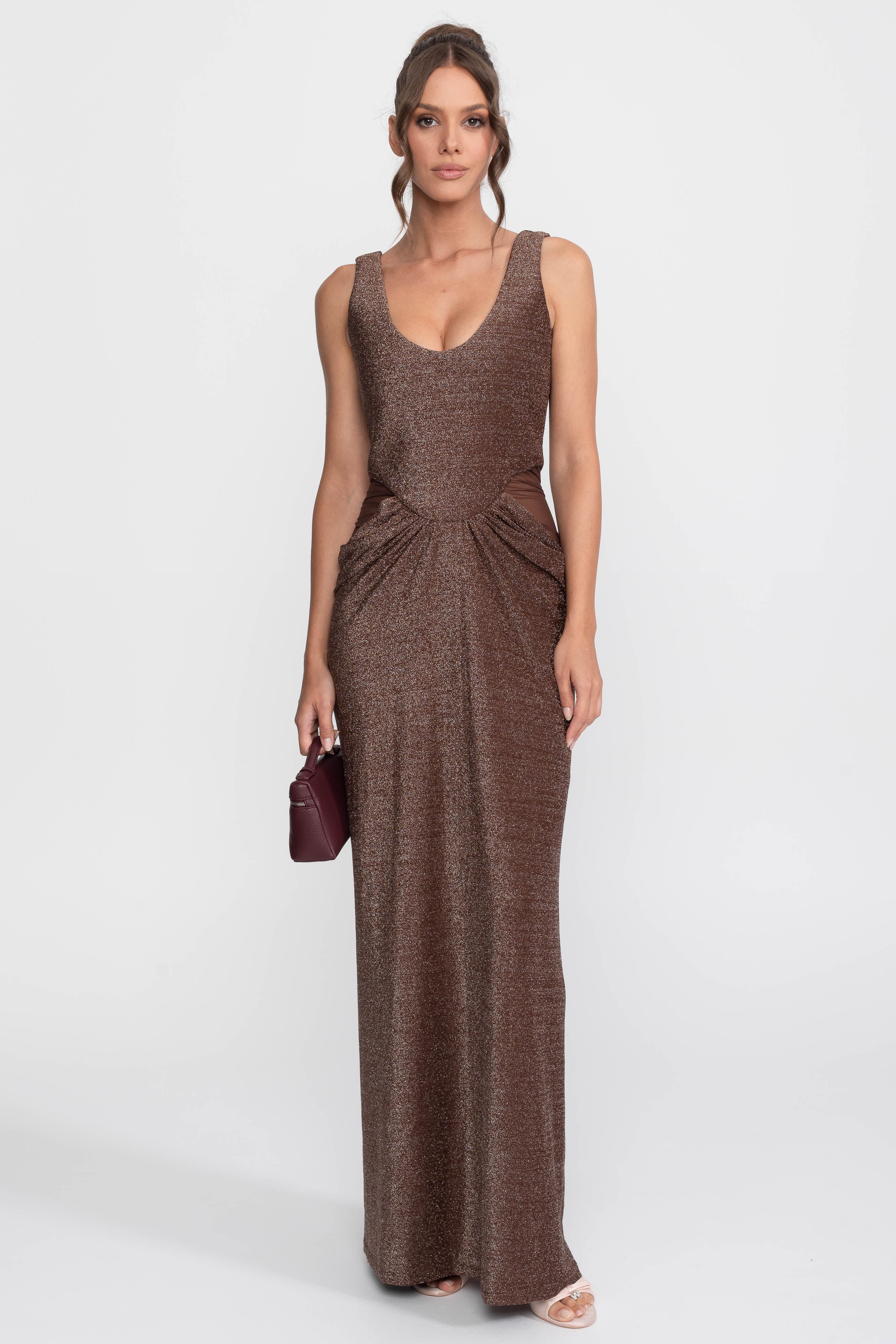 Metallic Knit Cutout Column Gown With Scoop Neck - Coffee