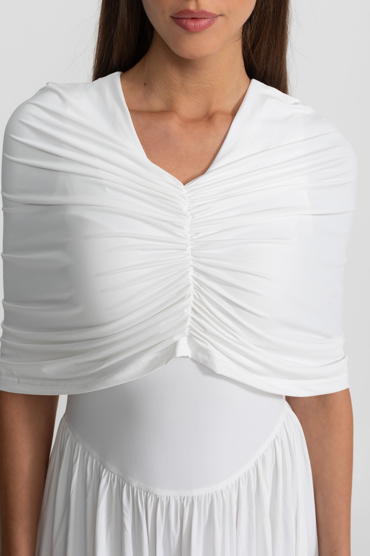 Gathered Jersey Maxi Dress with Cape Effect - White