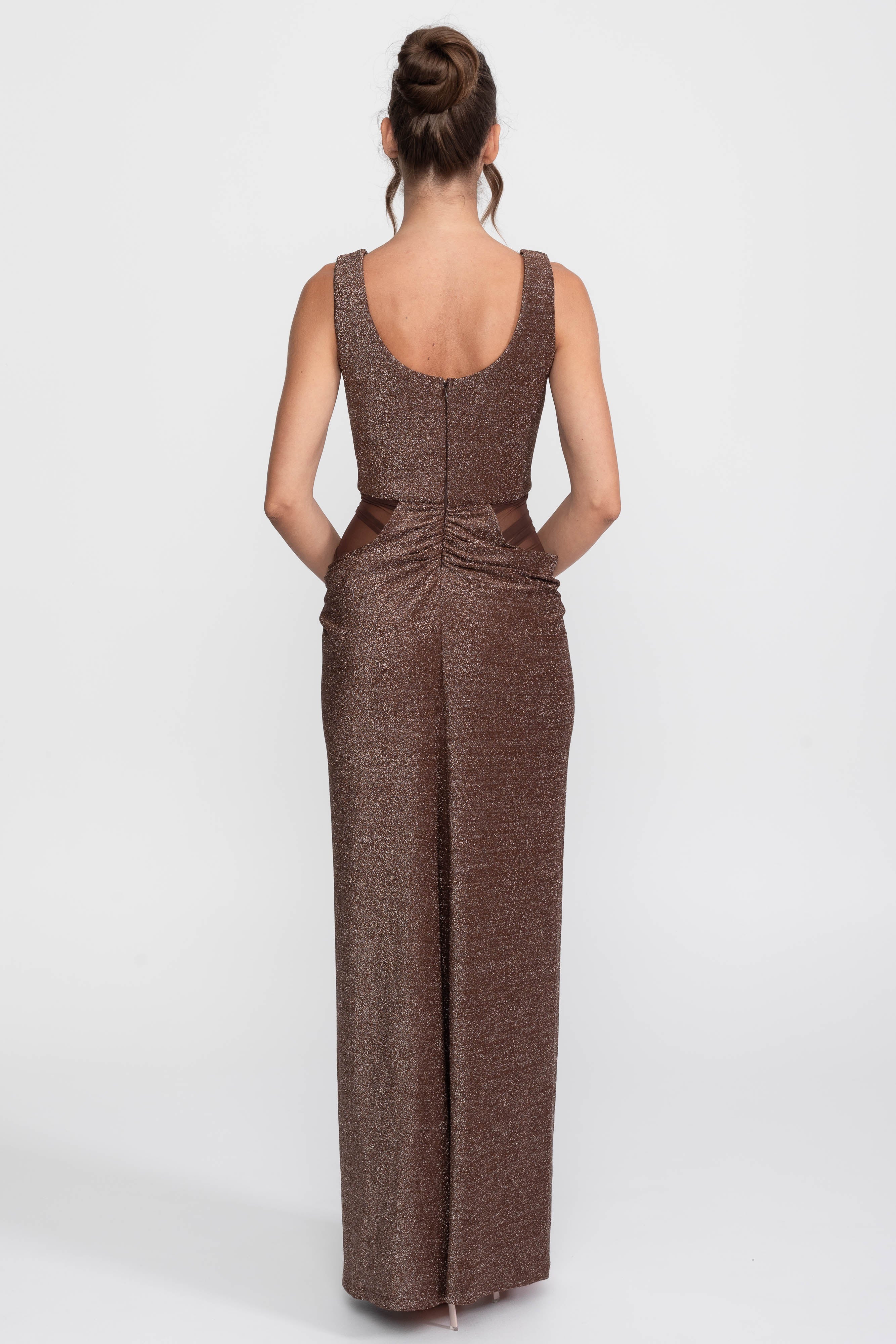 Metallic Knit Cutout Column Gown With Scoop Neck - Coffee