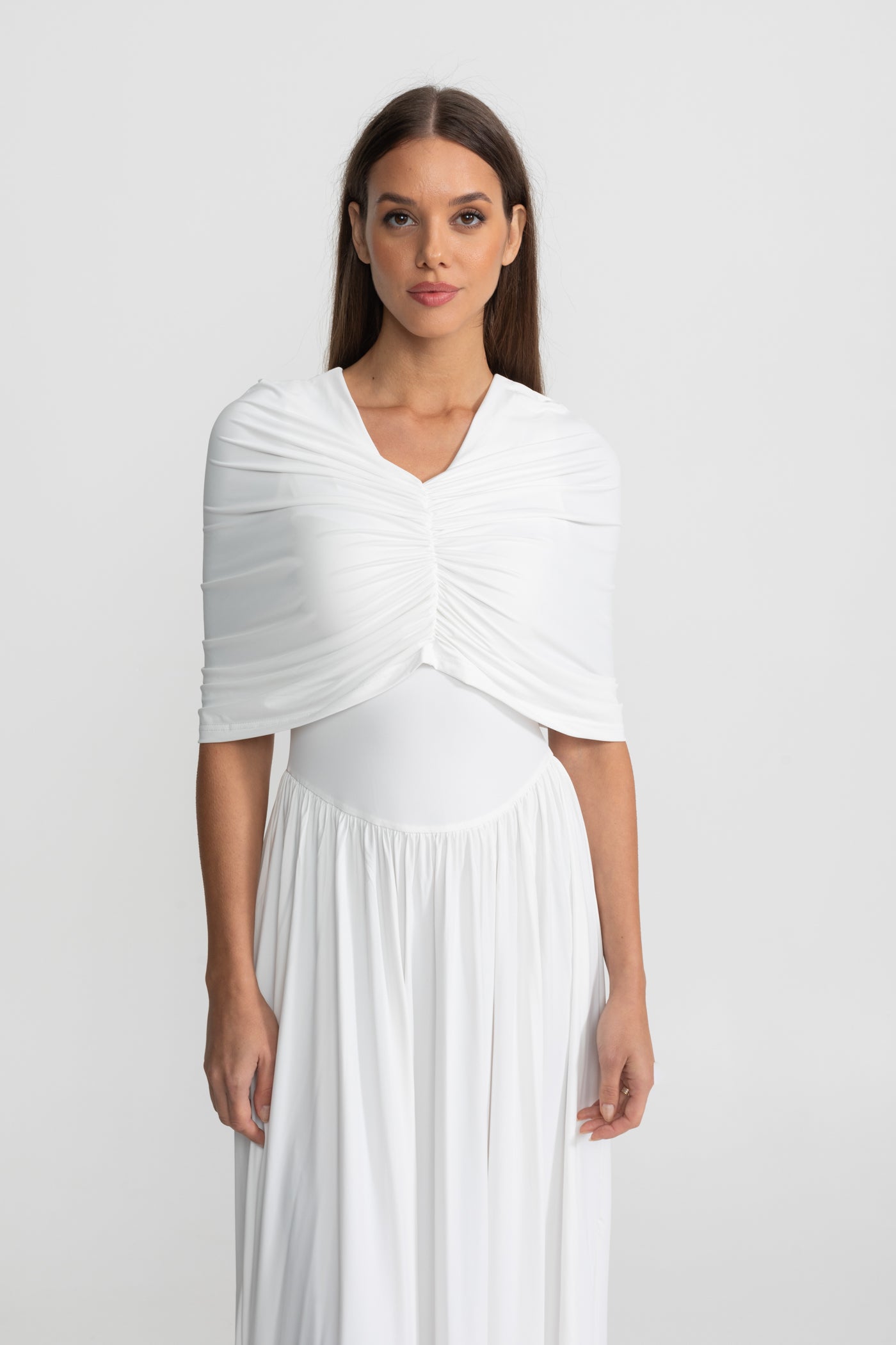 Gathered Jersey Maxi Dress with Cape Effect - White