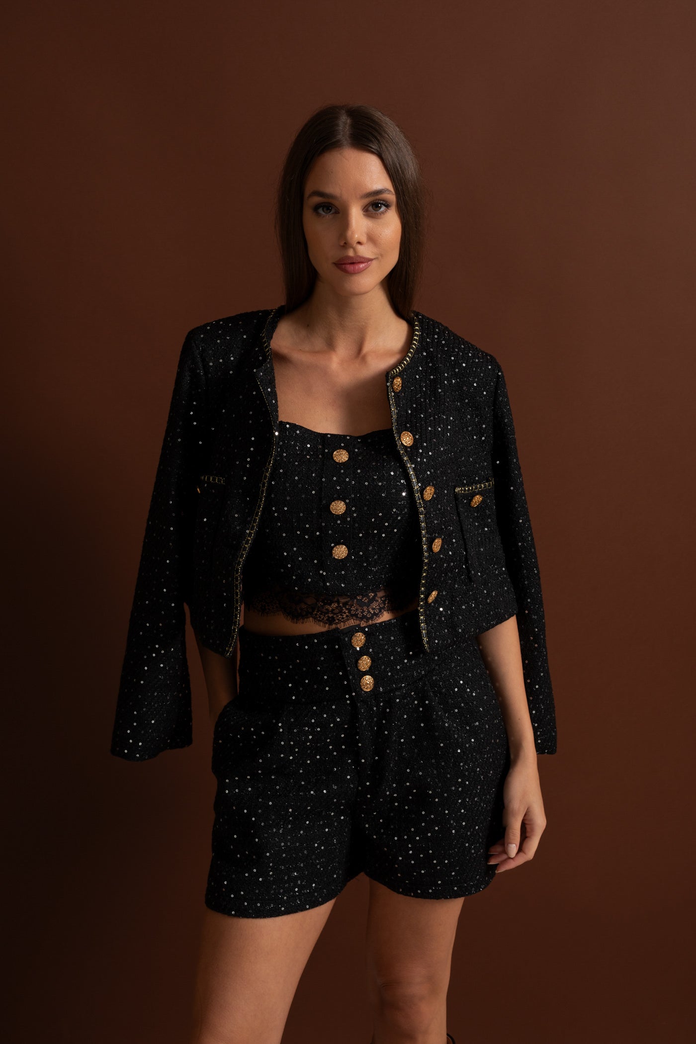 Embellished Co-Ord 3 Piece Set With Cropped Jacket, Lace Trim Top And High-Waist Shorts – Black