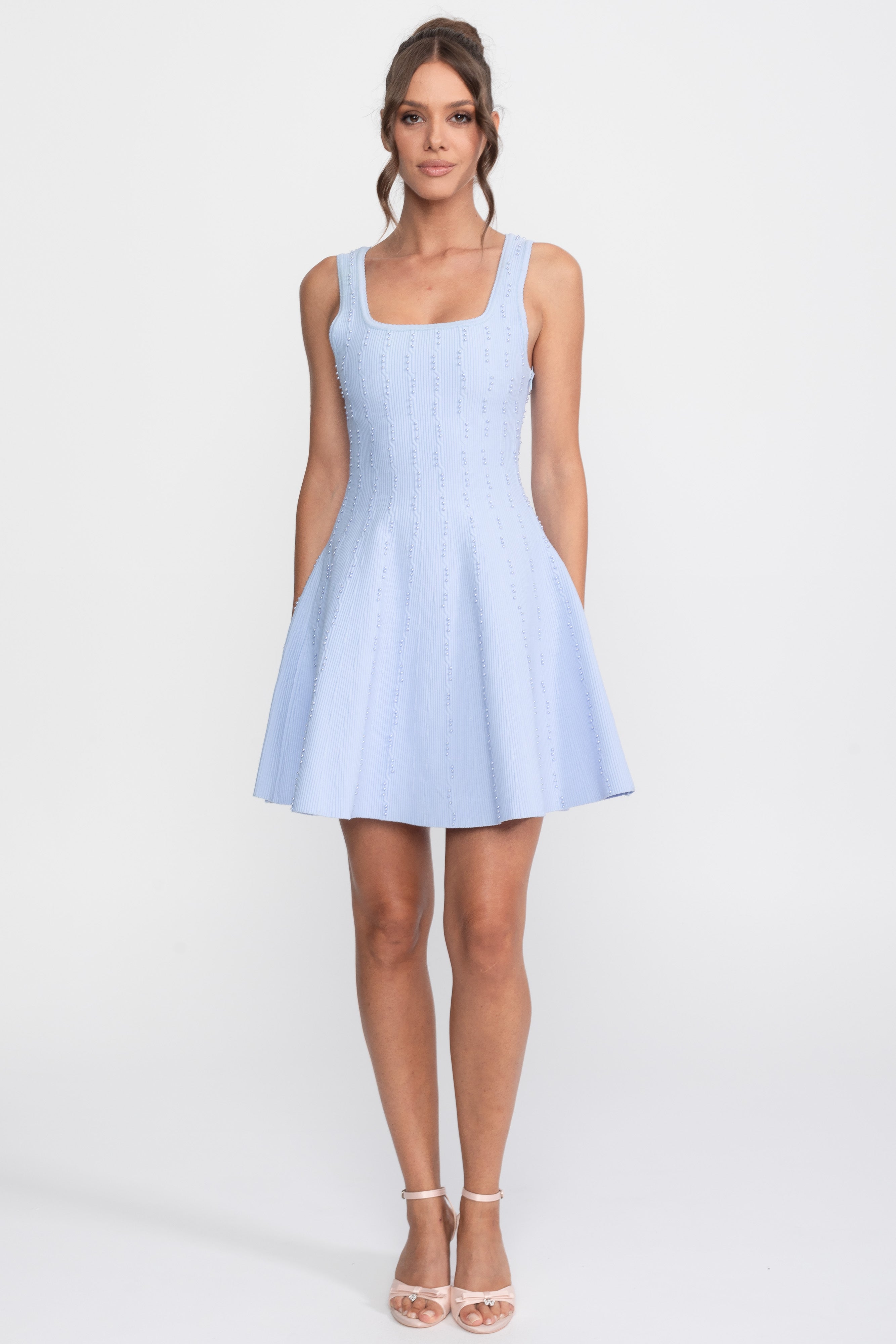 Pearl Beaded Ribbed Mini Dress With Square Neck - Light Blue