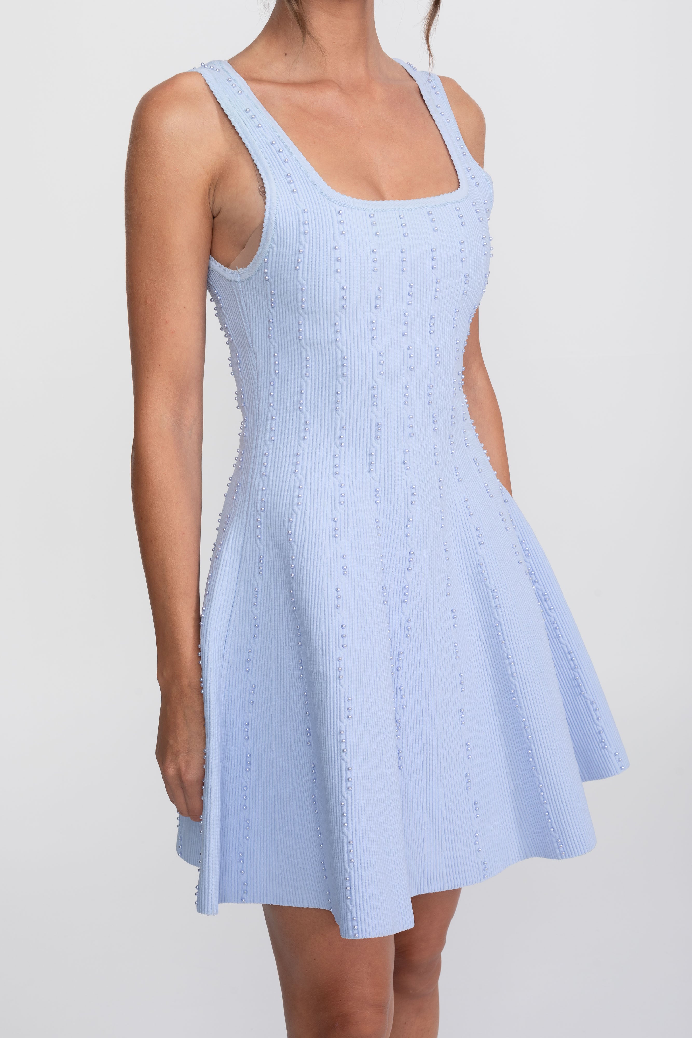 Pearl Beaded Ribbed Mini Dress With Square Neck - Light Blue