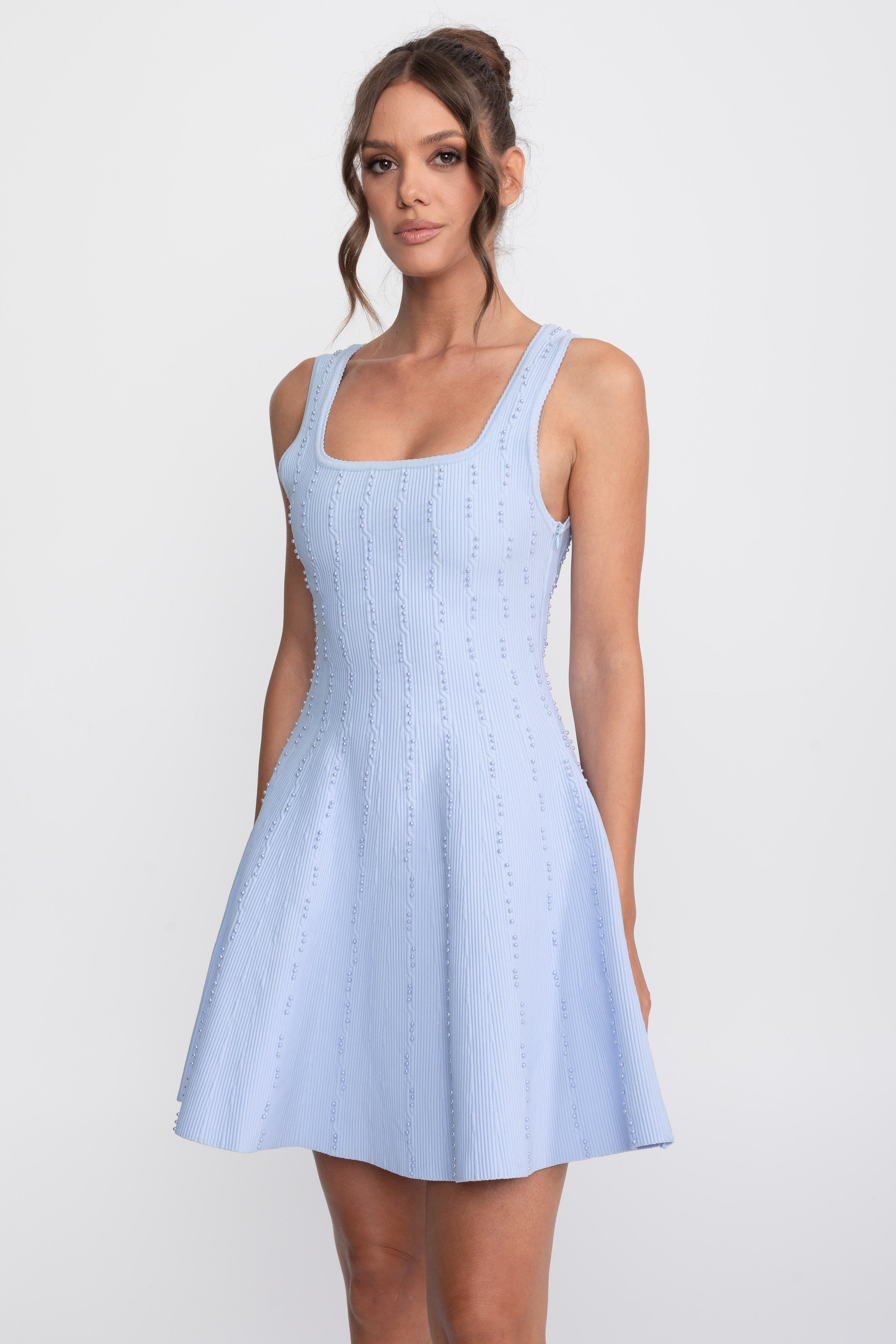 Pearl Beaded Ribbed Mini Dress With Square Neck - Light Blue