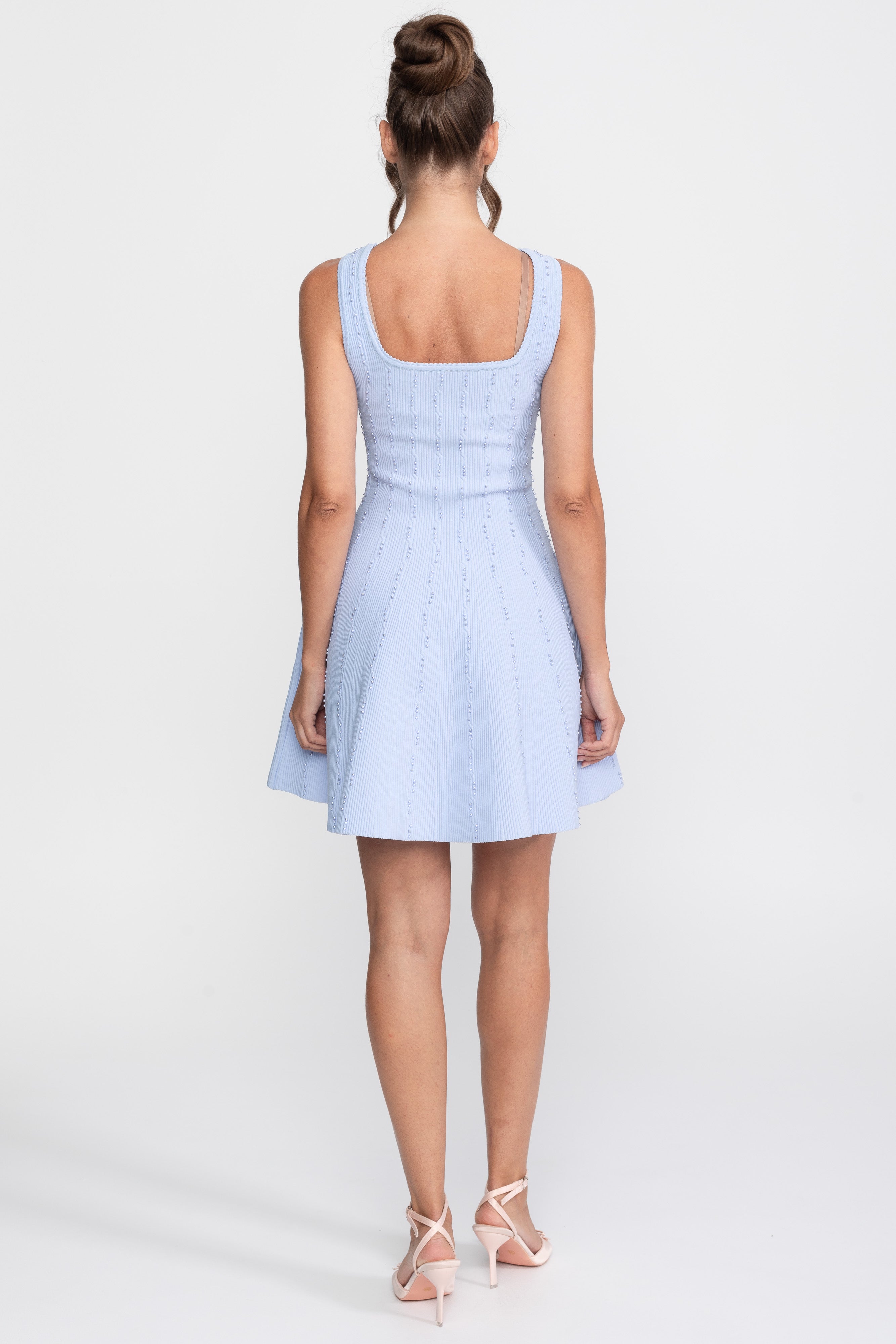 Pearl Beaded Ribbed Mini Dress With Square Neck - Light Blue