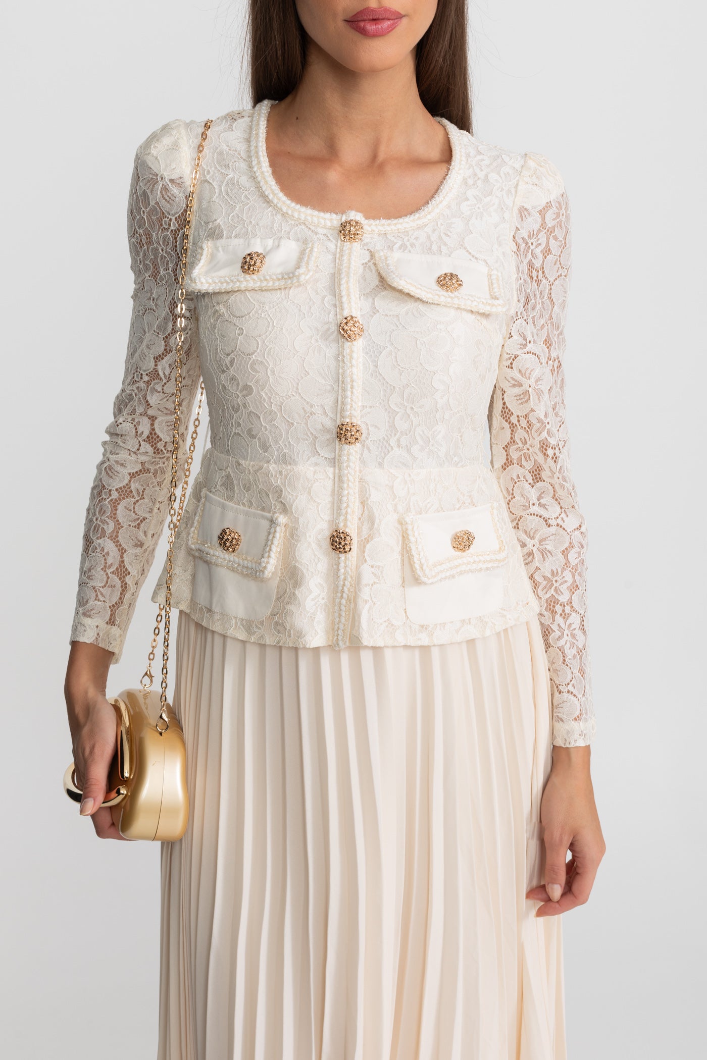 Lace and Pleated Midi Dress with Gold Button Detailing - Ivoire