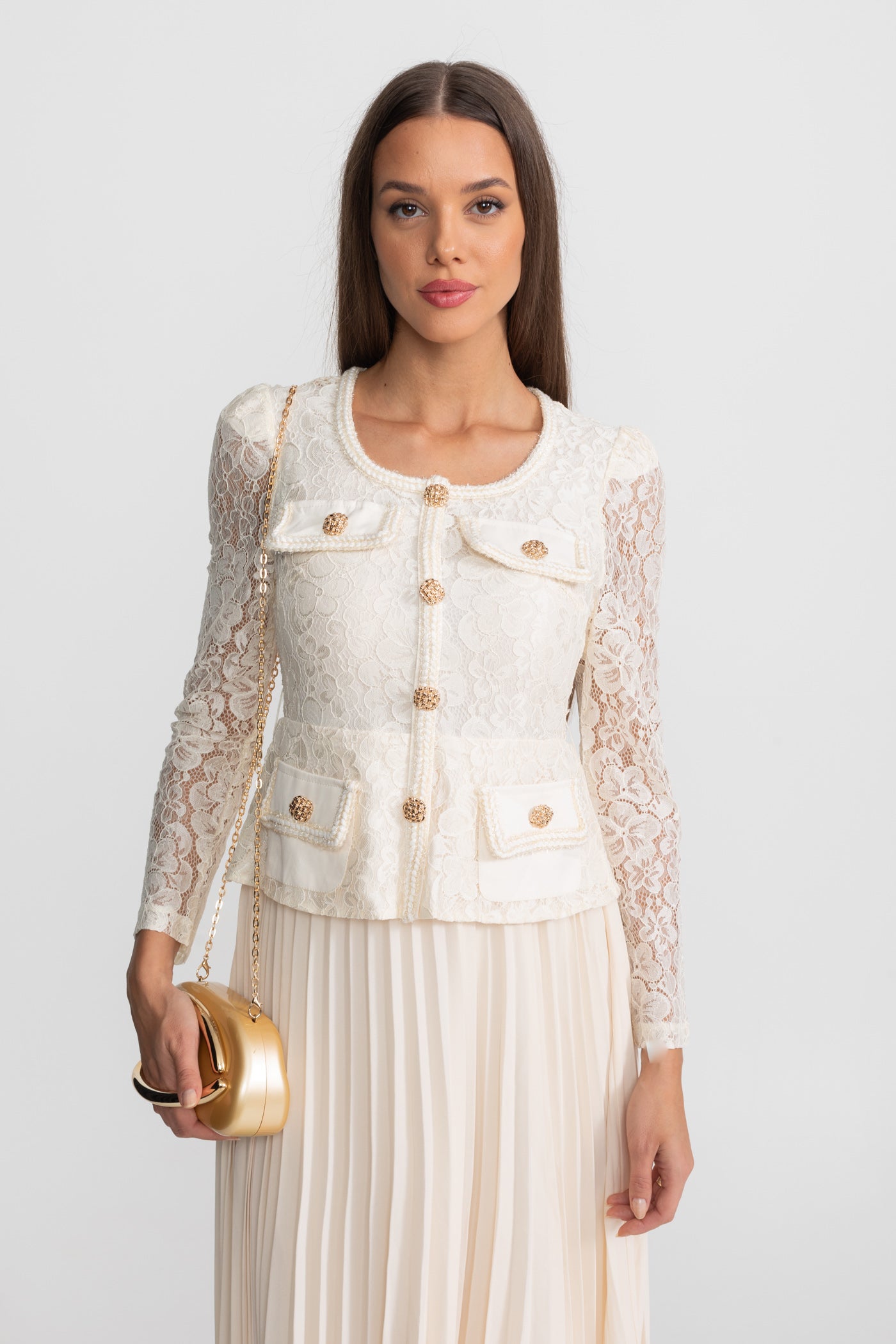 Lace and Pleated Midi Dress with Gold Button Detailing - Ivoire