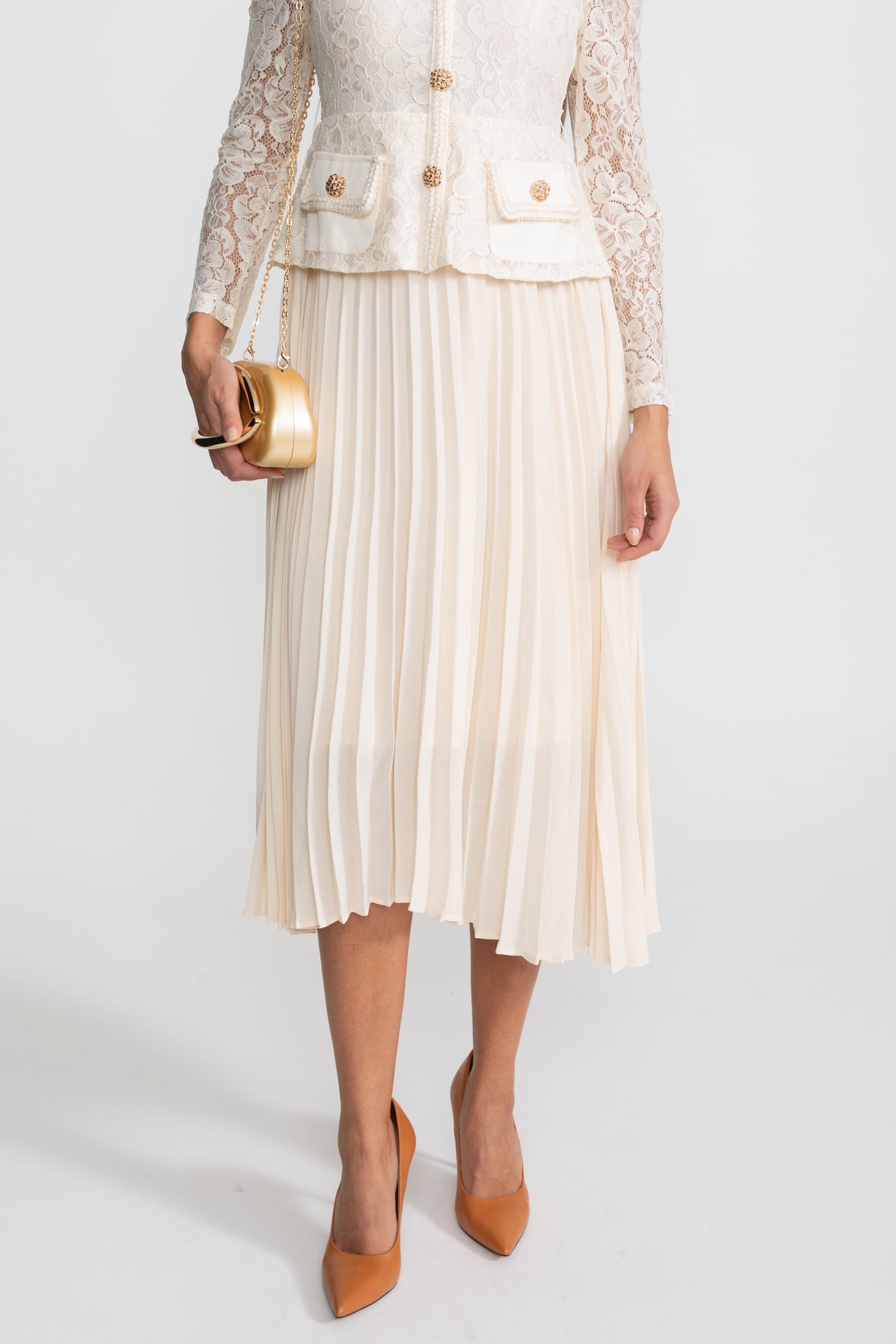Lace and Pleated Midi Dress with Gold Button Detailing - Ivoire