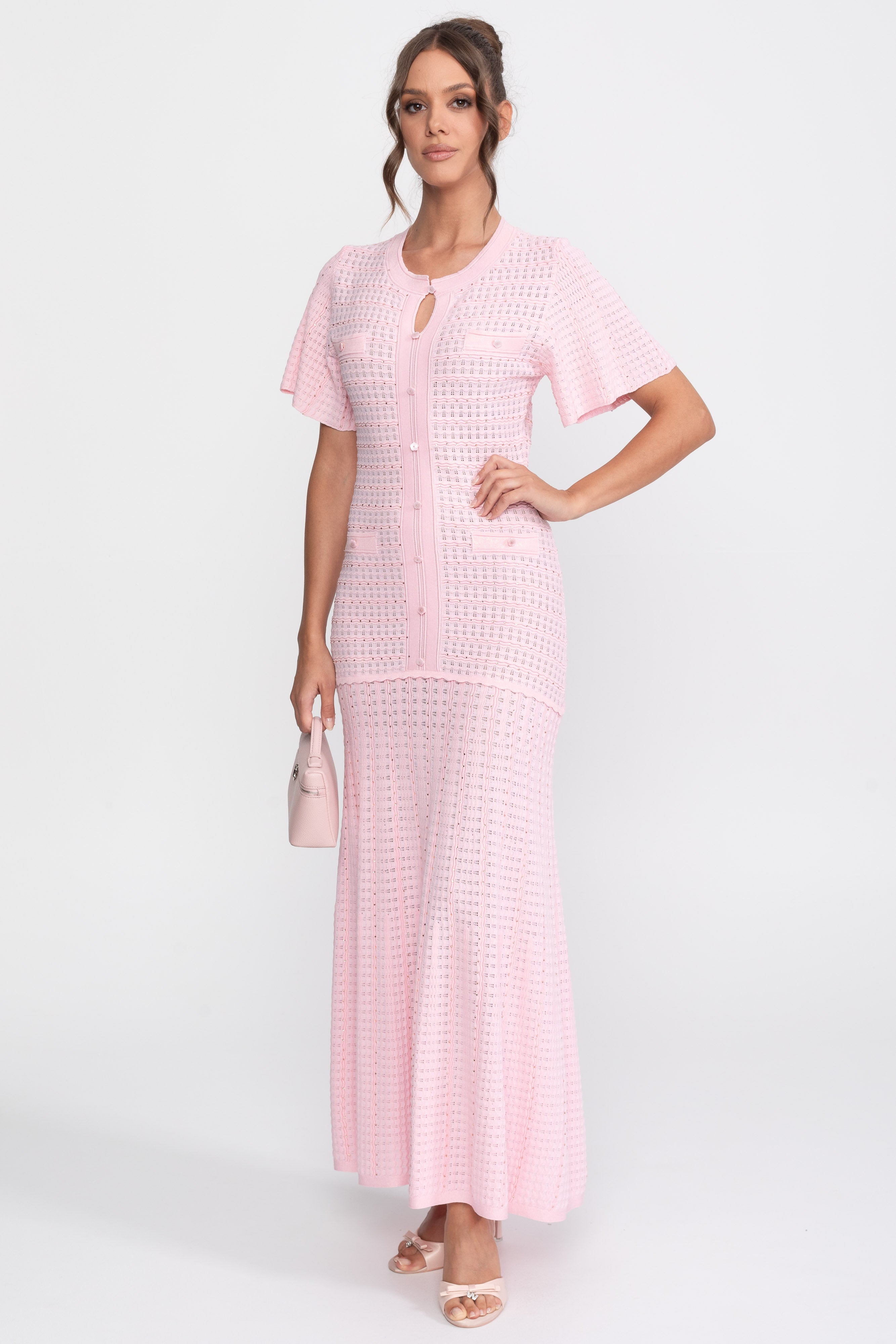 Short Sleeve Midi Dress With Shimmer Knit Texture - Pink