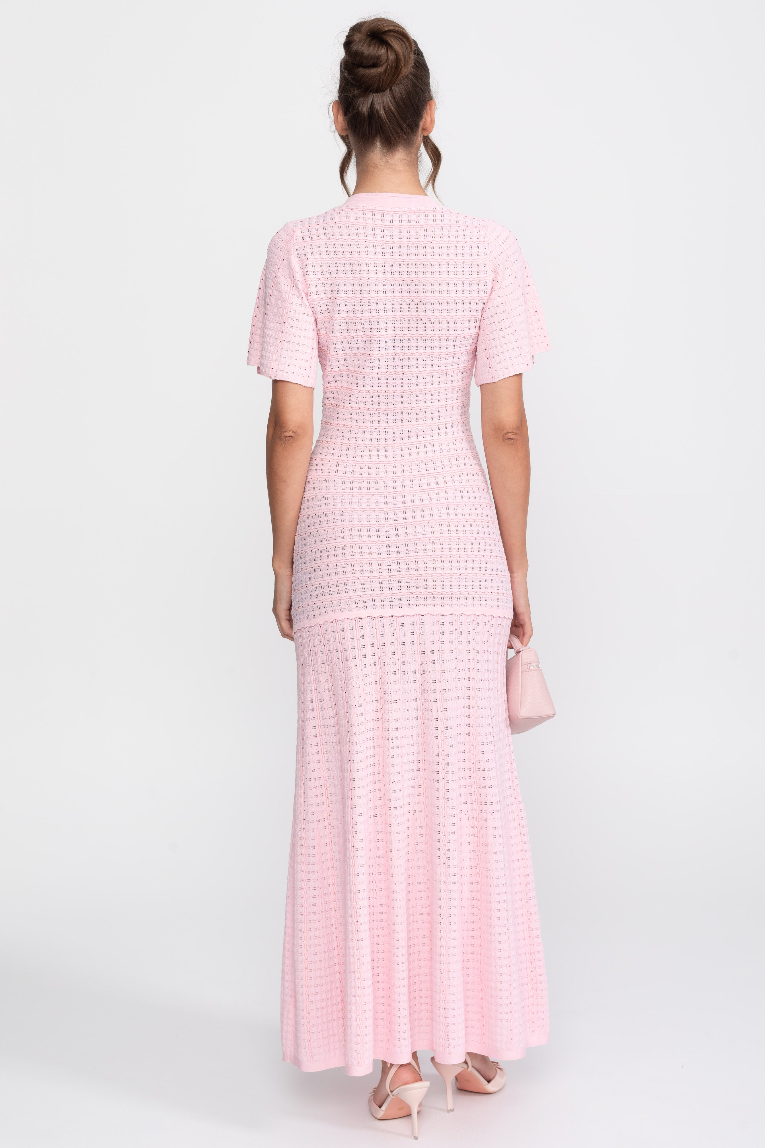 Short Sleeve Midi Dress With Shimmer Knit Texture - Pink