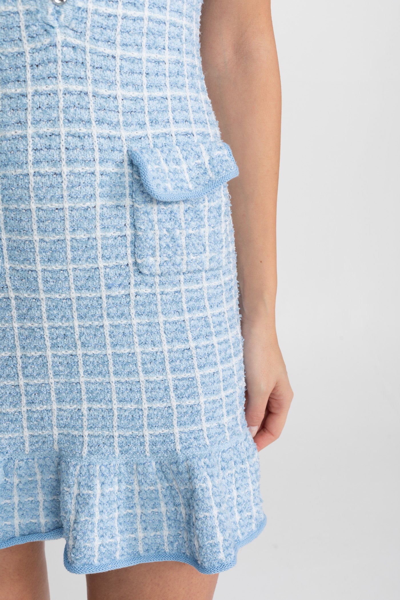 Textured Tweed Mini Dress with Bow Detail – Light Blue