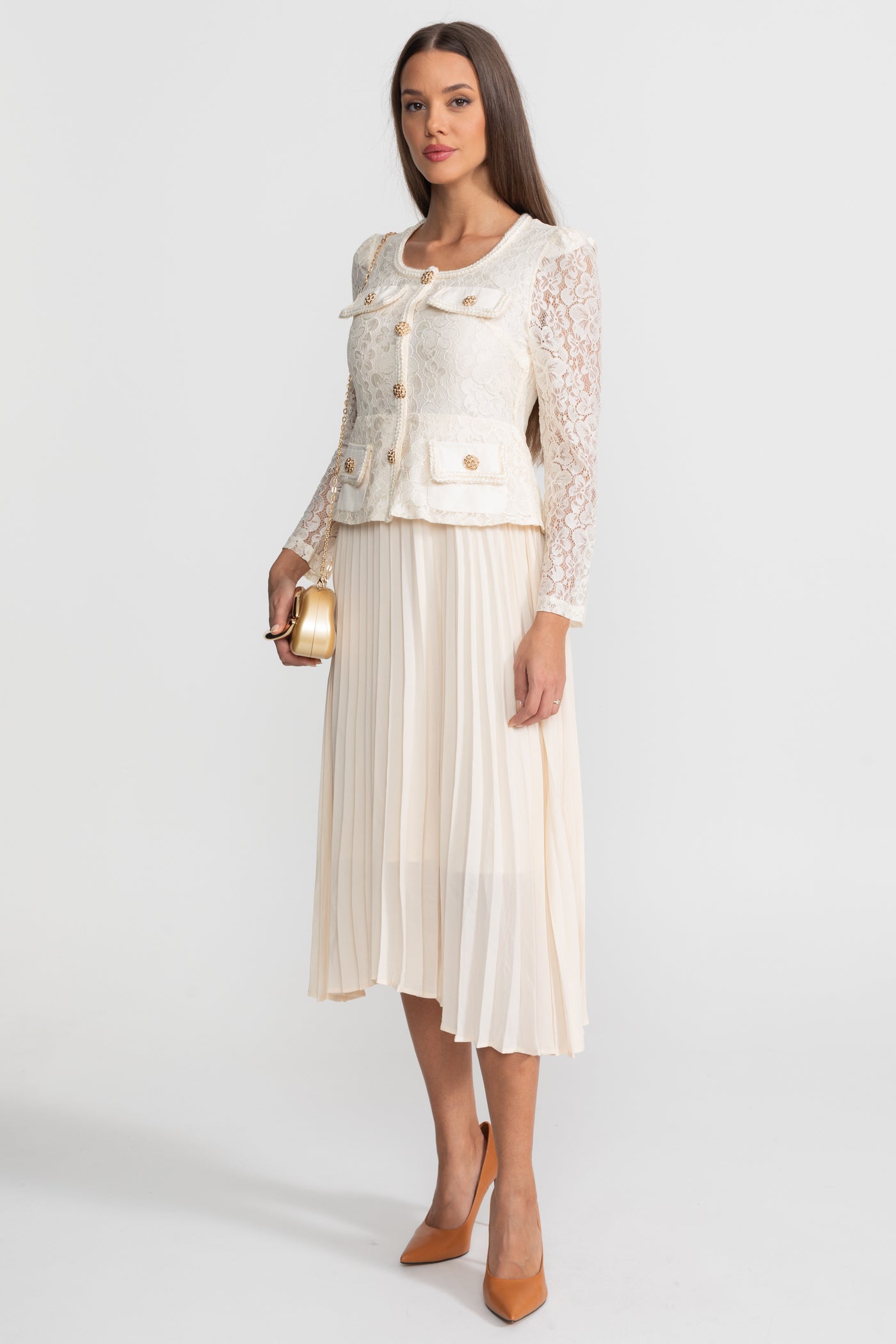 Lace and Pleated Midi Dress with Gold Button Detailing - Ivoire