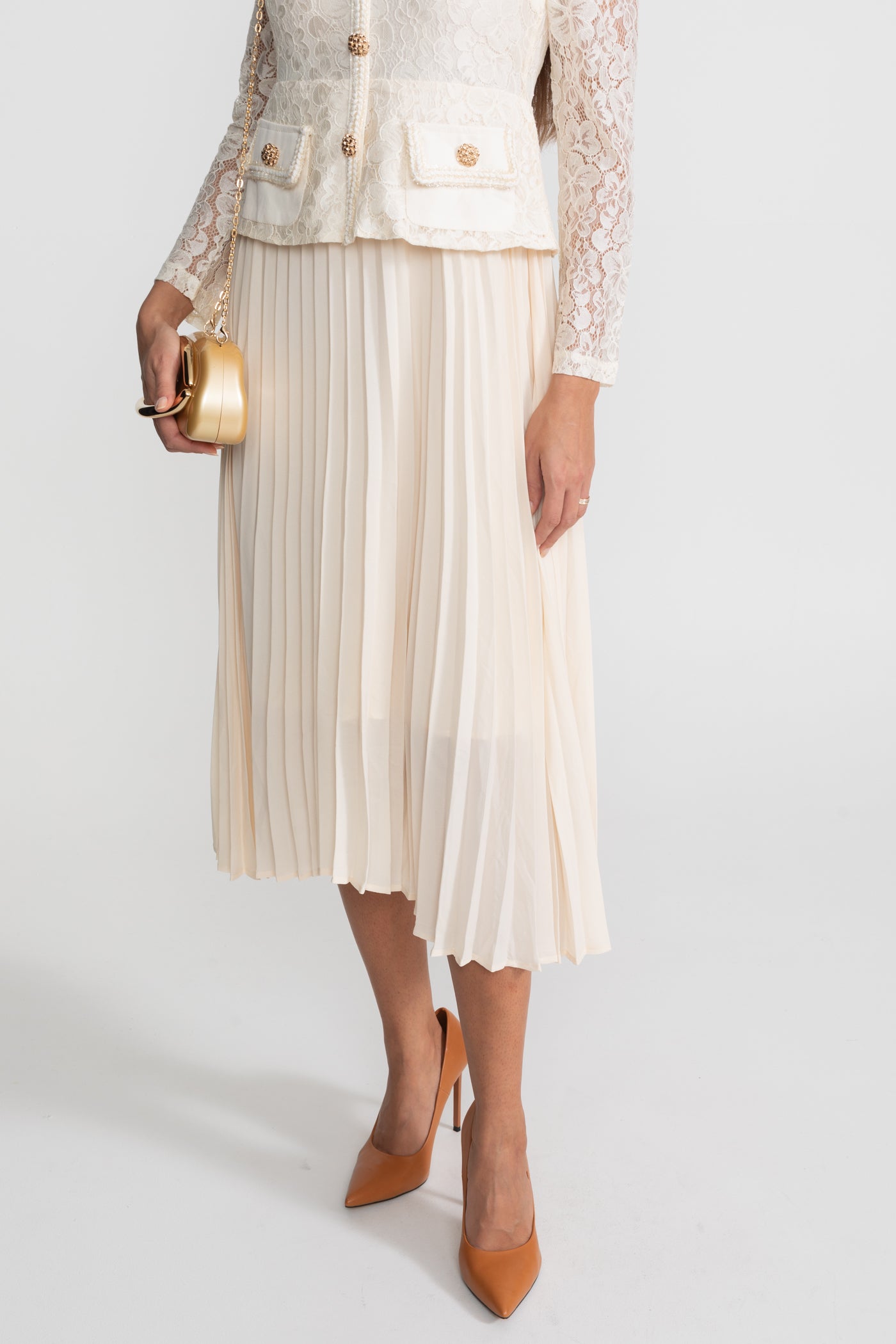 Lace and Pleated Midi Dress with Gold Button Detailing - Ivoire