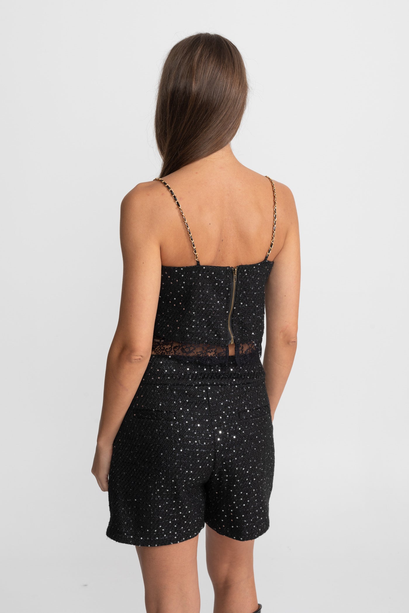 Embellished Co-Ord 3 Piece Set With Cropped Jacket, Lace Trim Top And High-Waist Shorts – Black