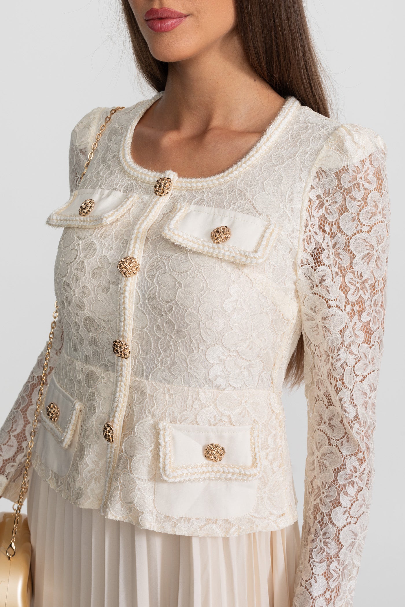 Lace and Pleated Midi Dress with Gold Button Detailing - Ivoire