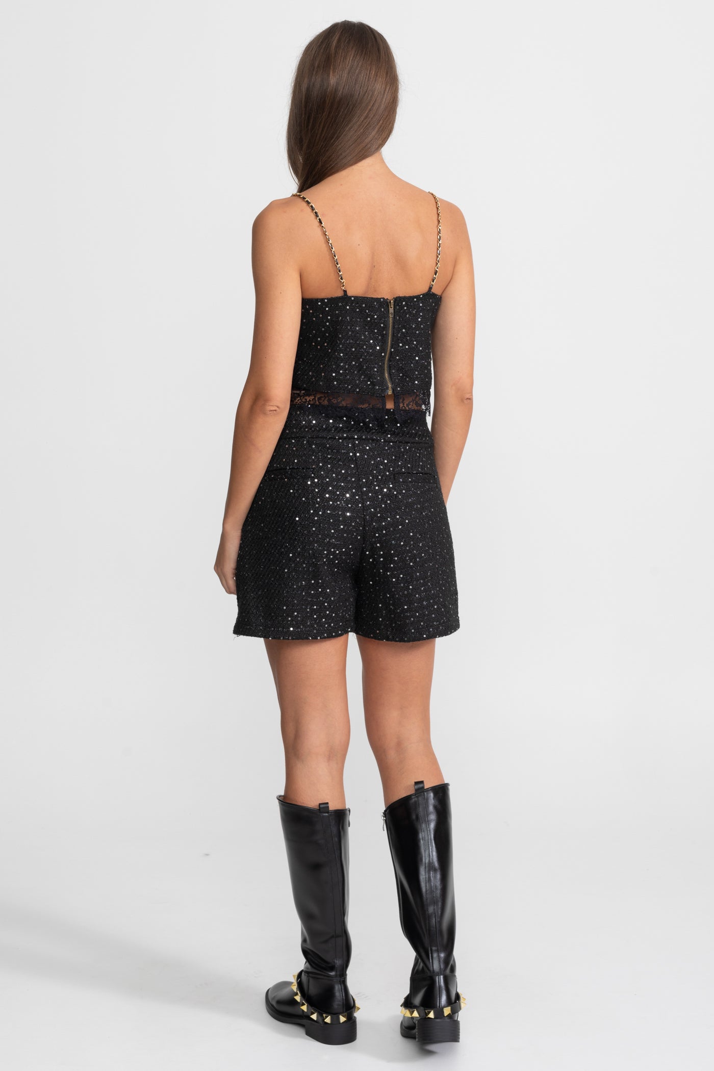 Embellished Co-Ord 3 Piece Set With Cropped Jacket, Lace Trim Top And High-Waist Shorts – Black