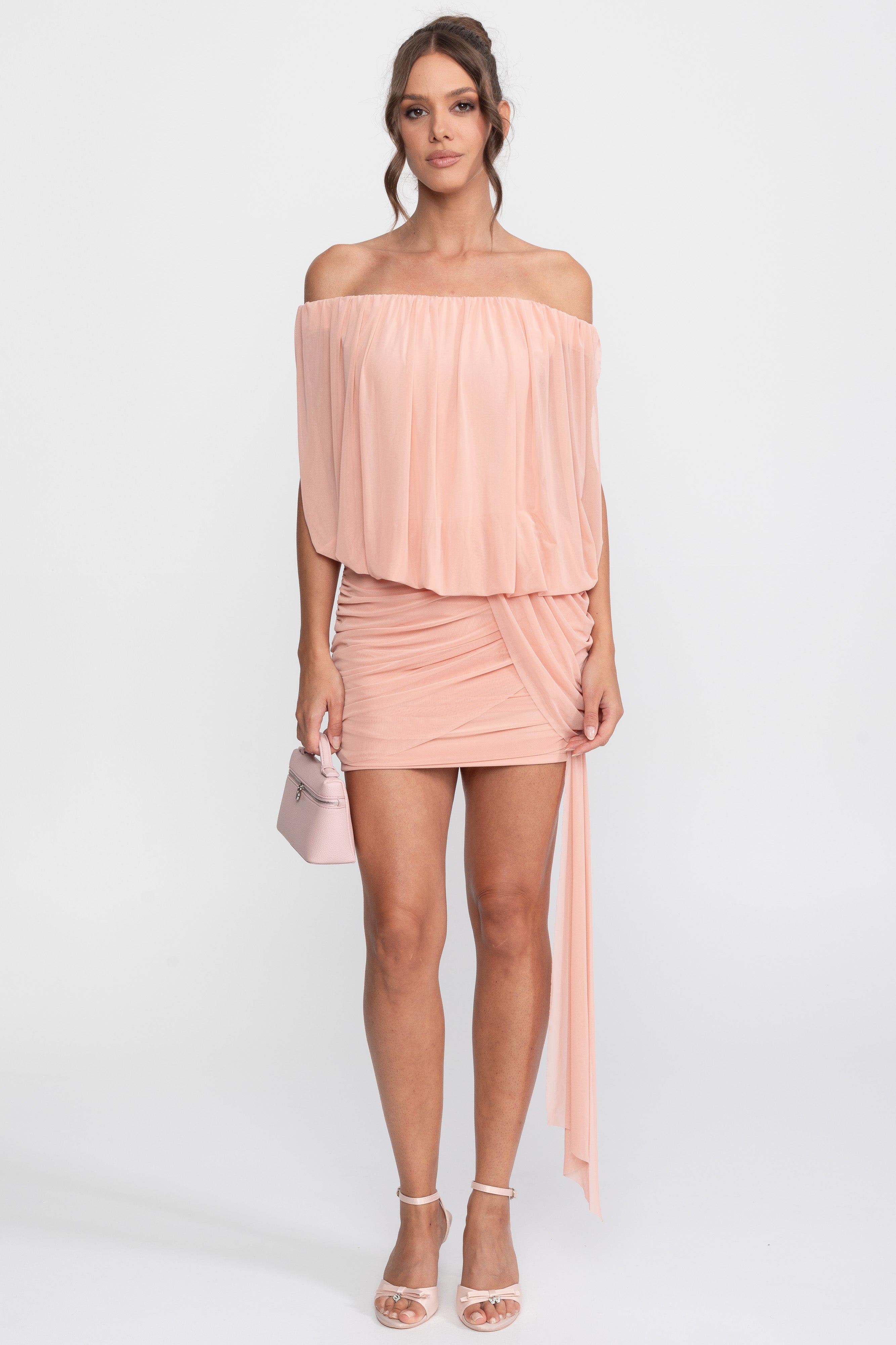 Off-Shoulder Ruched Wrap Mini Dress With Tie Waist - Peach