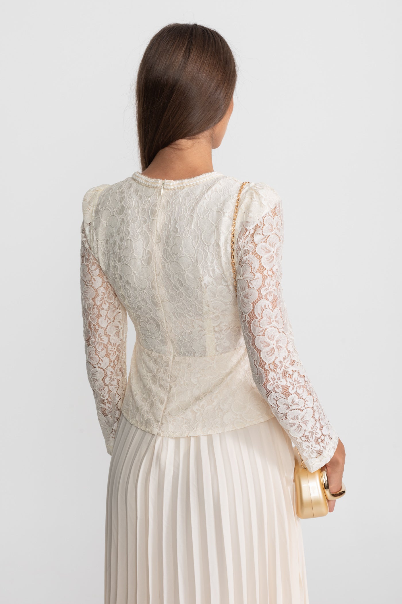 Lace and Pleated Midi Dress with Gold Button Detailing - Ivoire