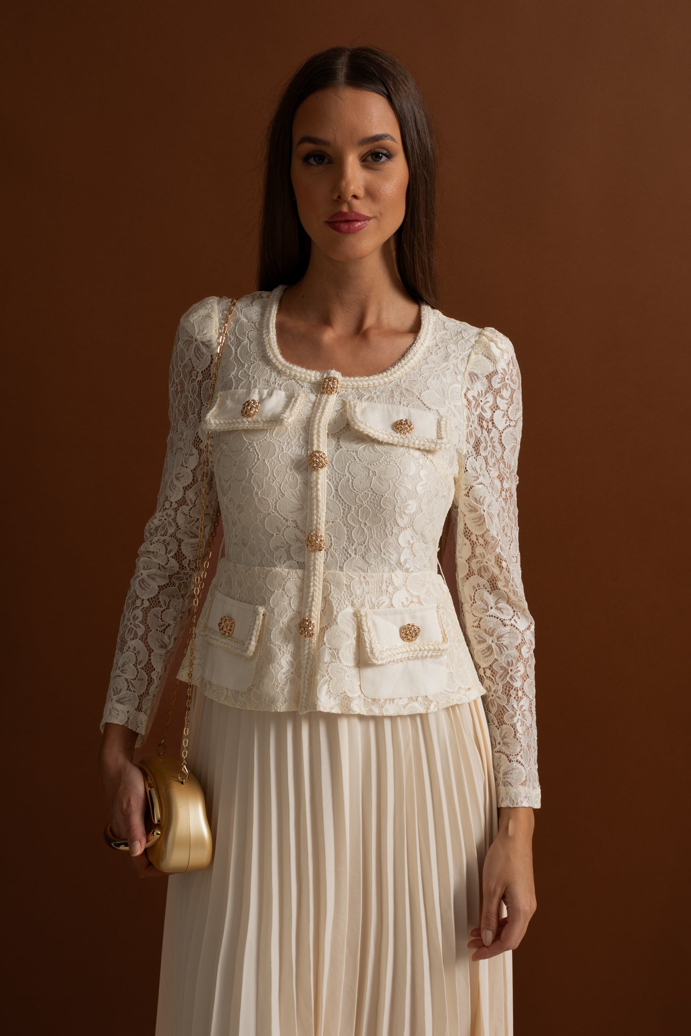 Lace and Pleated Midi Dress with Gold Button Detailing - Ivoire
