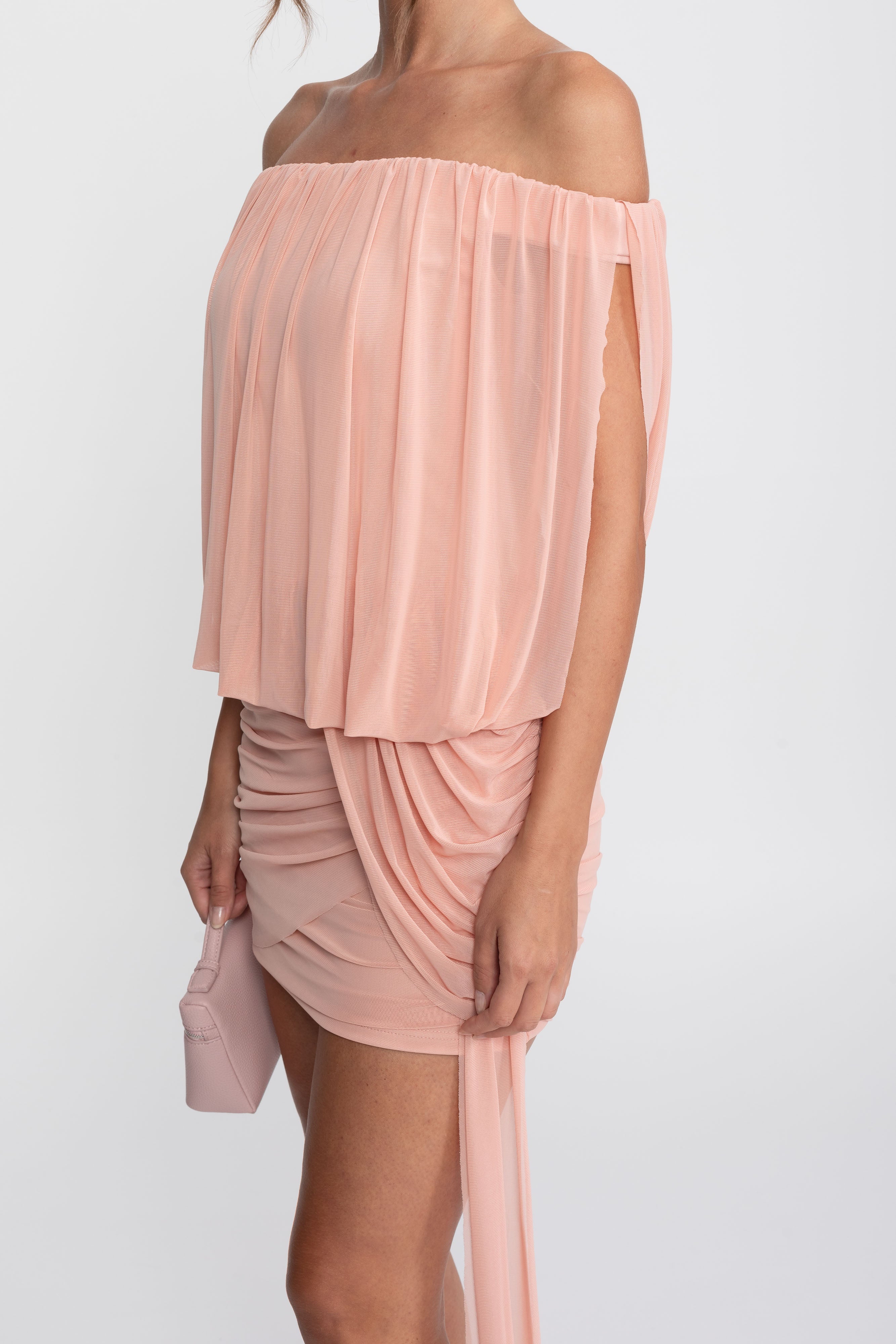 Off-Shoulder Ruched Wrap Mini Dress With Tie Waist - Peach