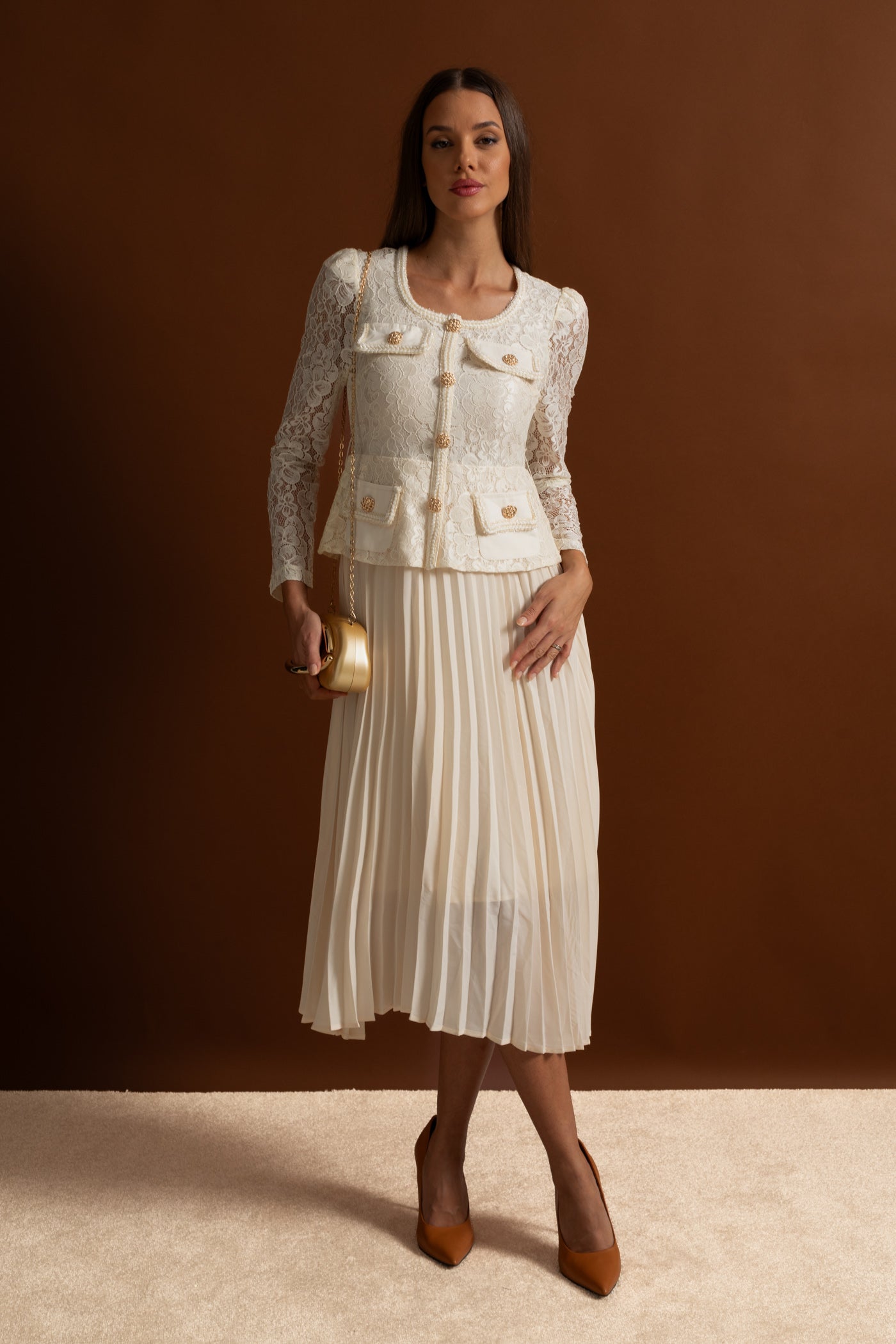 Lace and Pleated Midi Dress with Gold Button Detailing - Ivoire